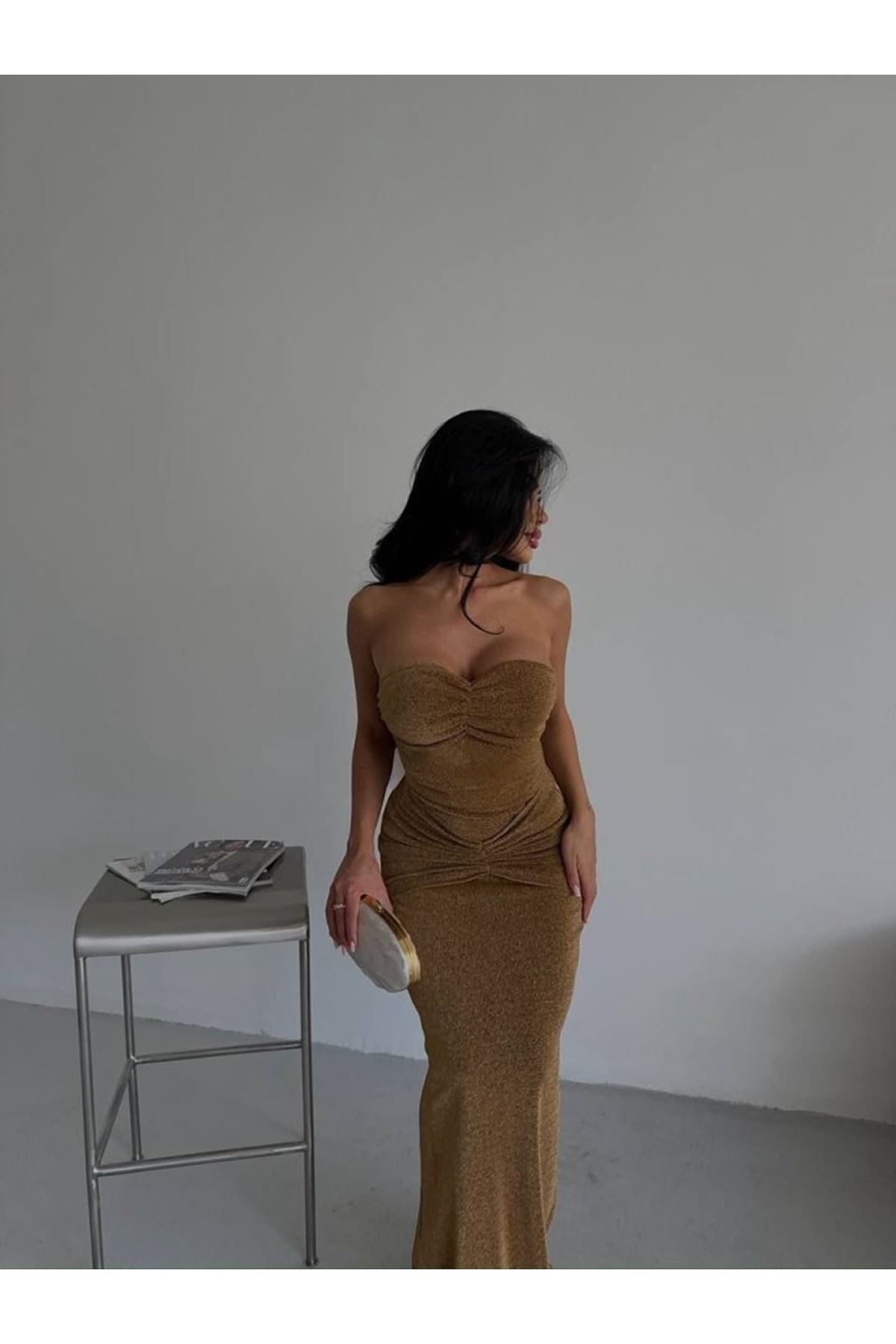 Straplez Simli Uzun Elbise