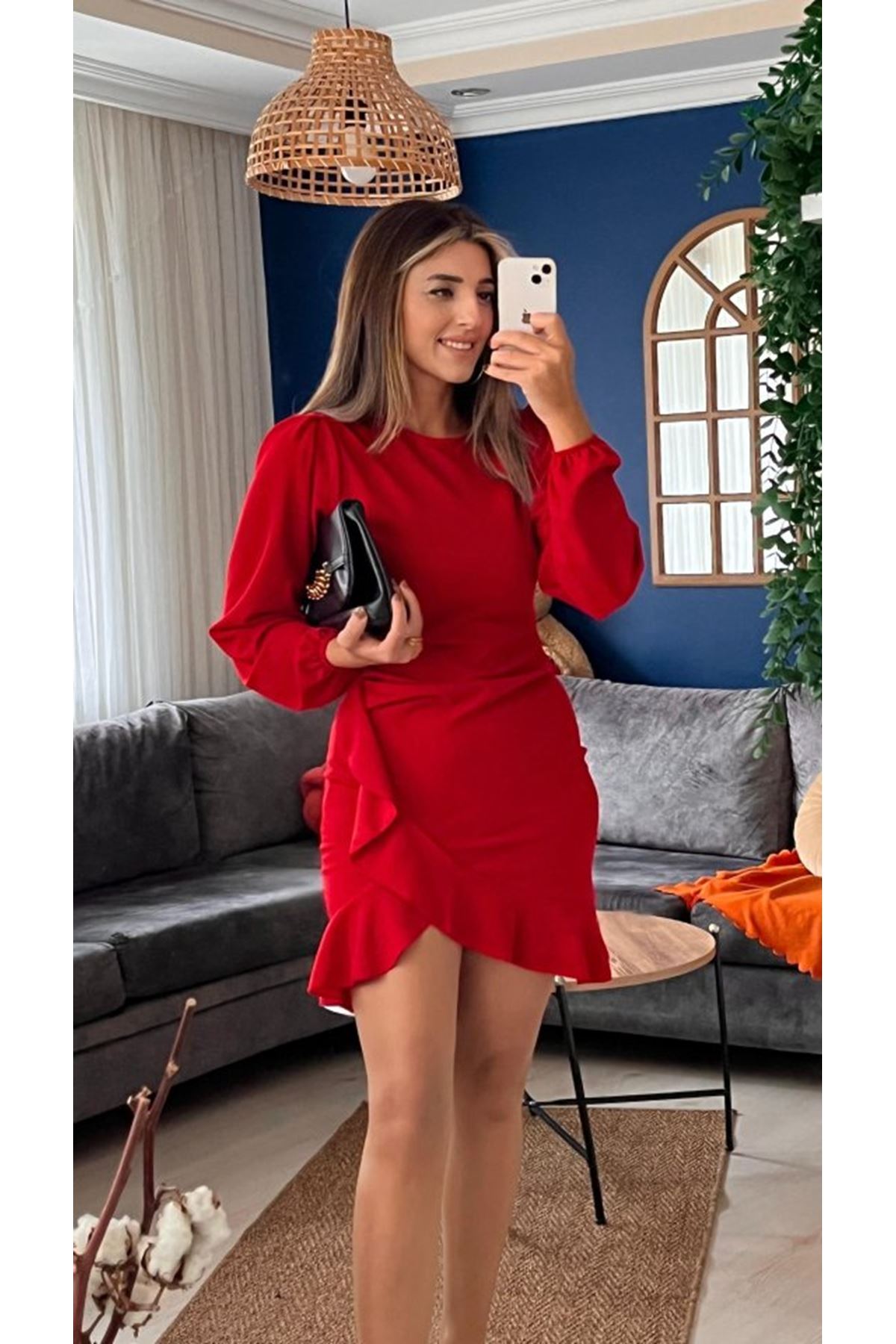 Kadın Uzun Kollu Bisiklet Yaka önden Volanlı Ithal Krep Elbise