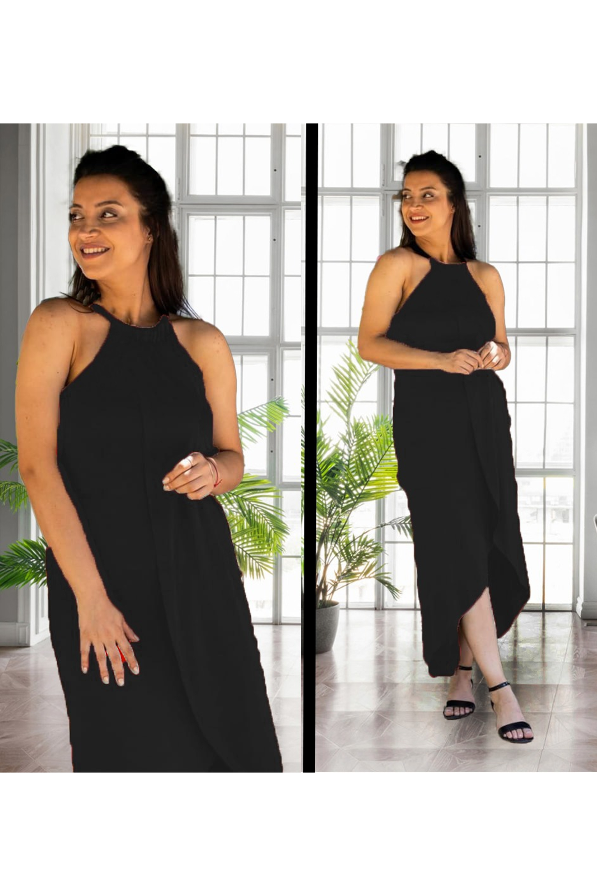 Kadın Omuzlardan Açık Boyundan Geçmeli Asimetrik Kesim Detaylı Viskon Elbise