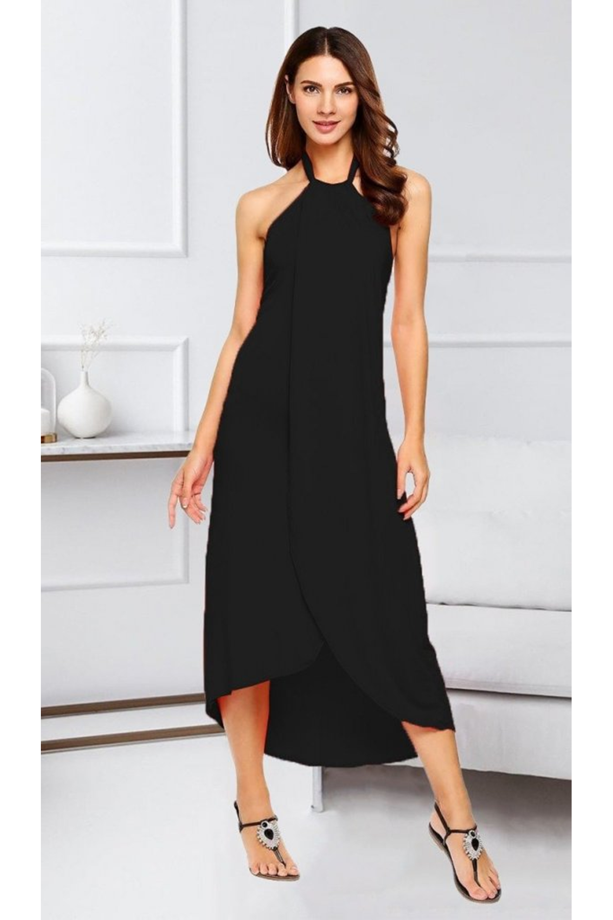 Kadın Omuzlardan Açık Boyundan Geçmeli Asimetrik Kesim Detaylı Viskon Elbise