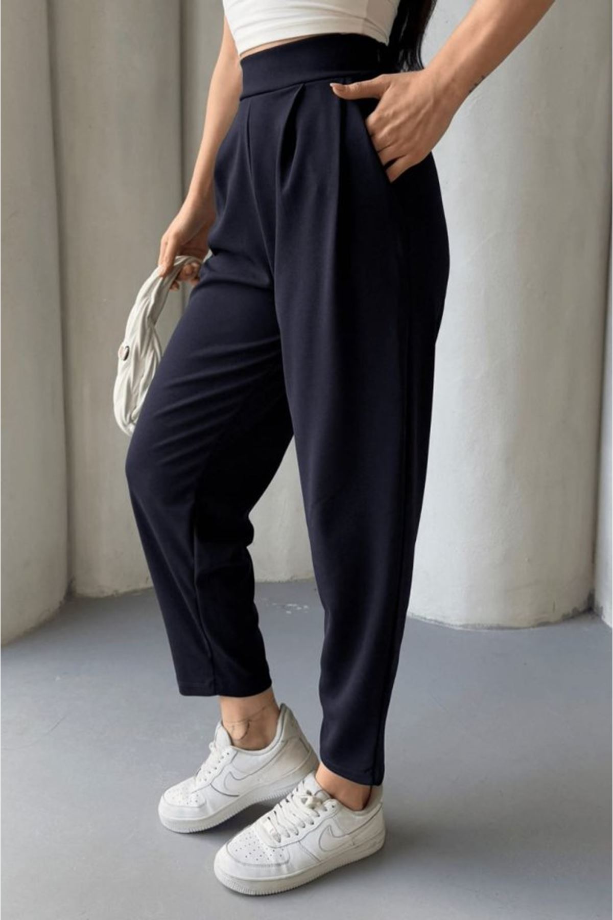Kadın Scuba Krep Likralı Yan Fermuarlı Lastikli Harem Pantolon