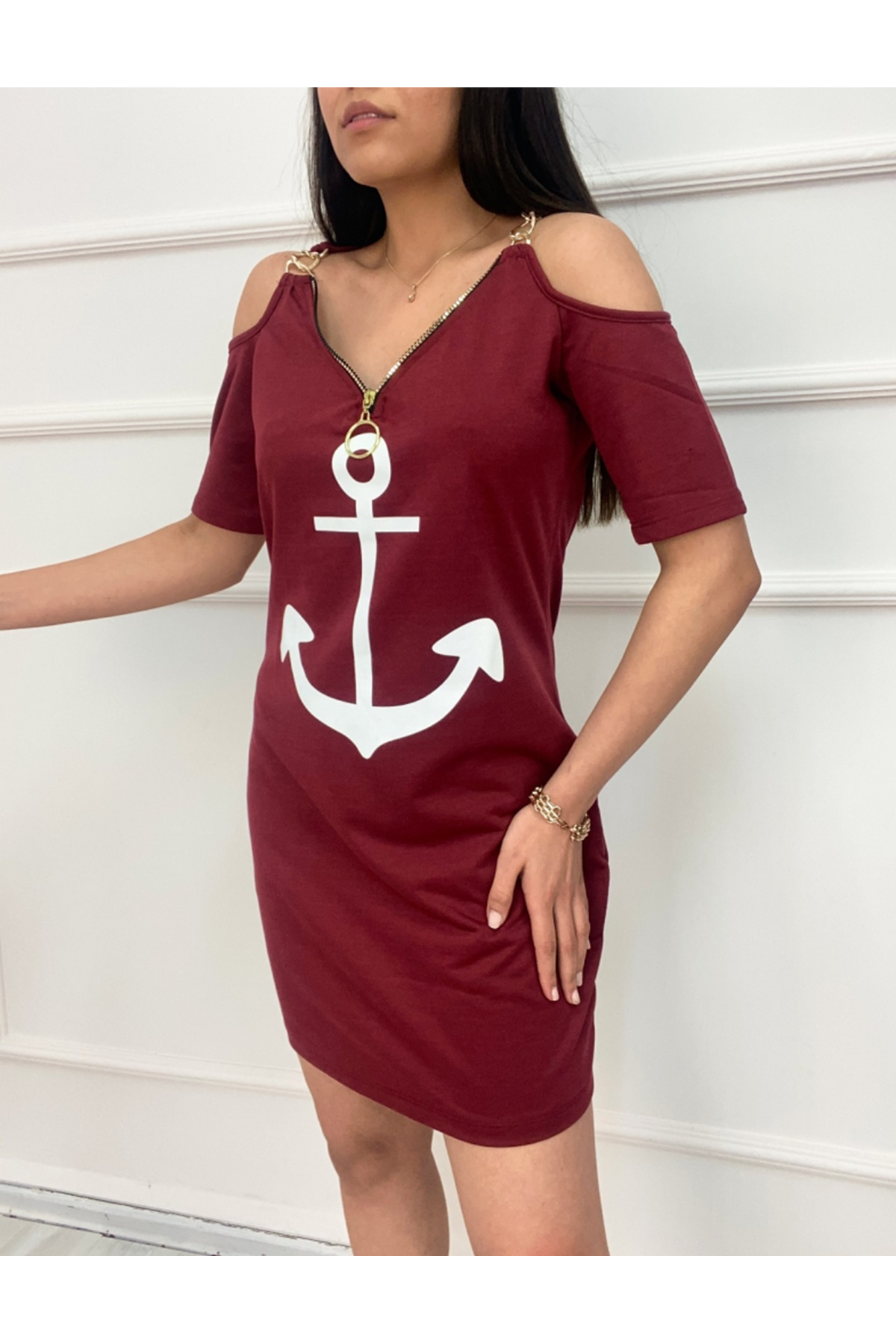 Fermuar Detay çıpa Baskılı Zincir Askılı Iki Iplik Elbise - Bordo