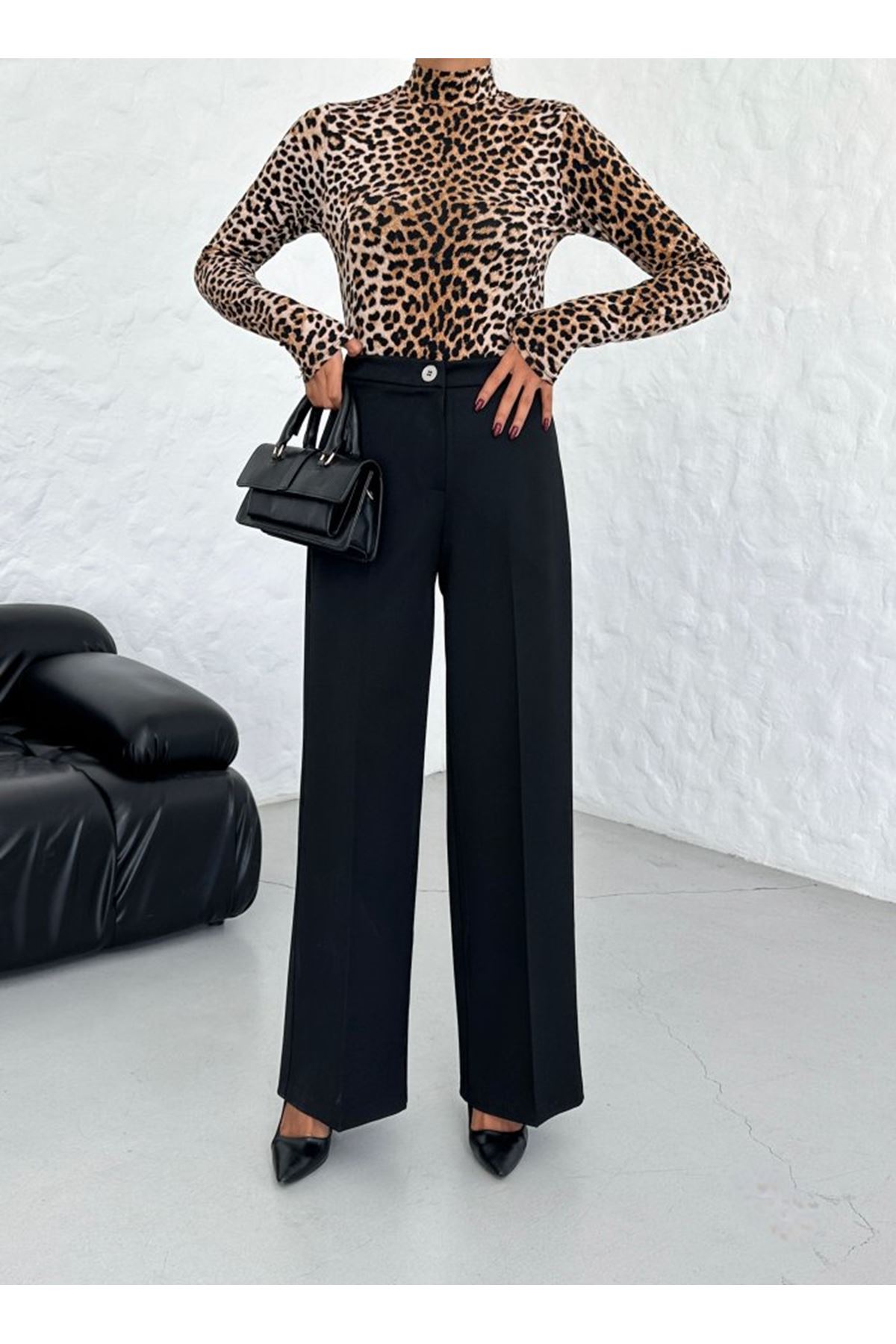 230 Gr Poly Viscose Lycra Metal Düğme Palazzo Pantolon