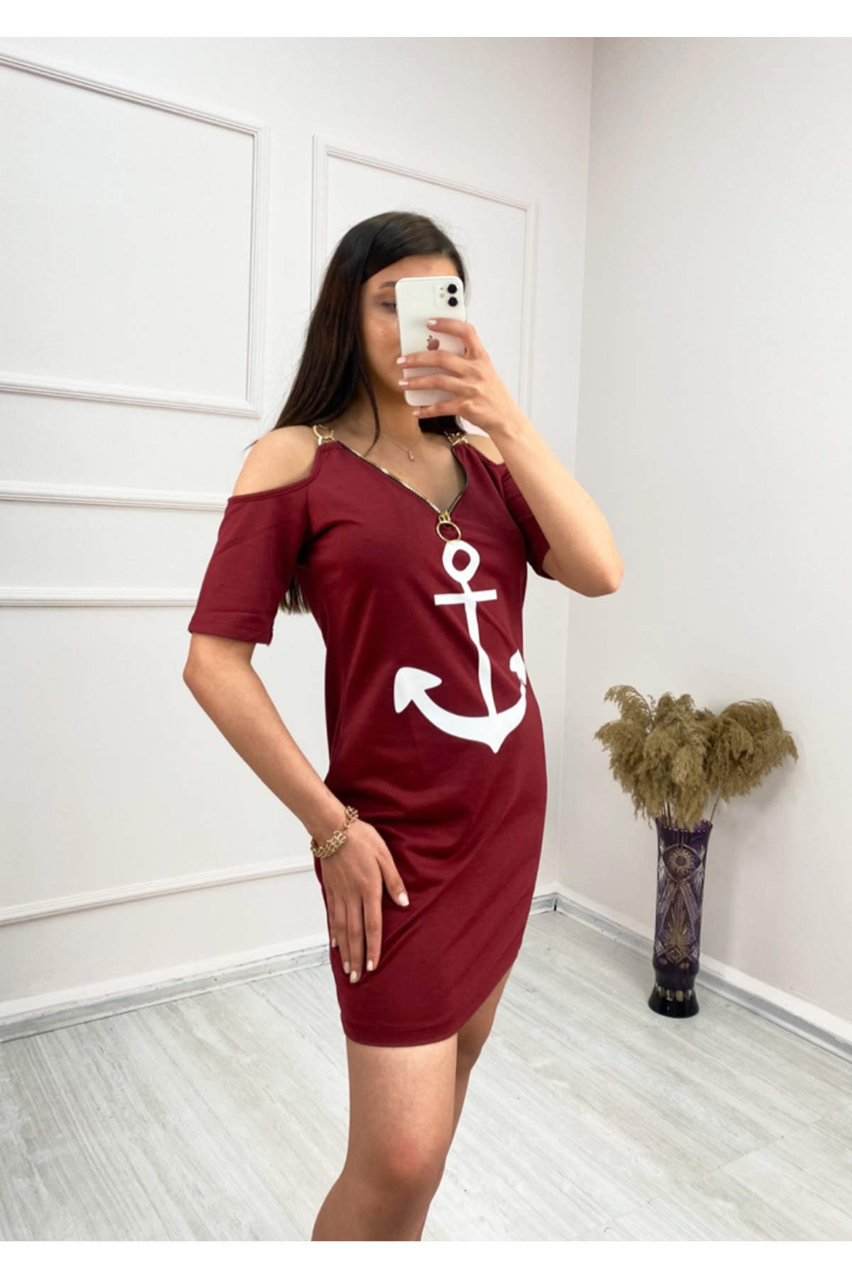 Fermuar Detay çıpa Baskılı Zincir Askılı Iki Iplik Elbise - Bordo