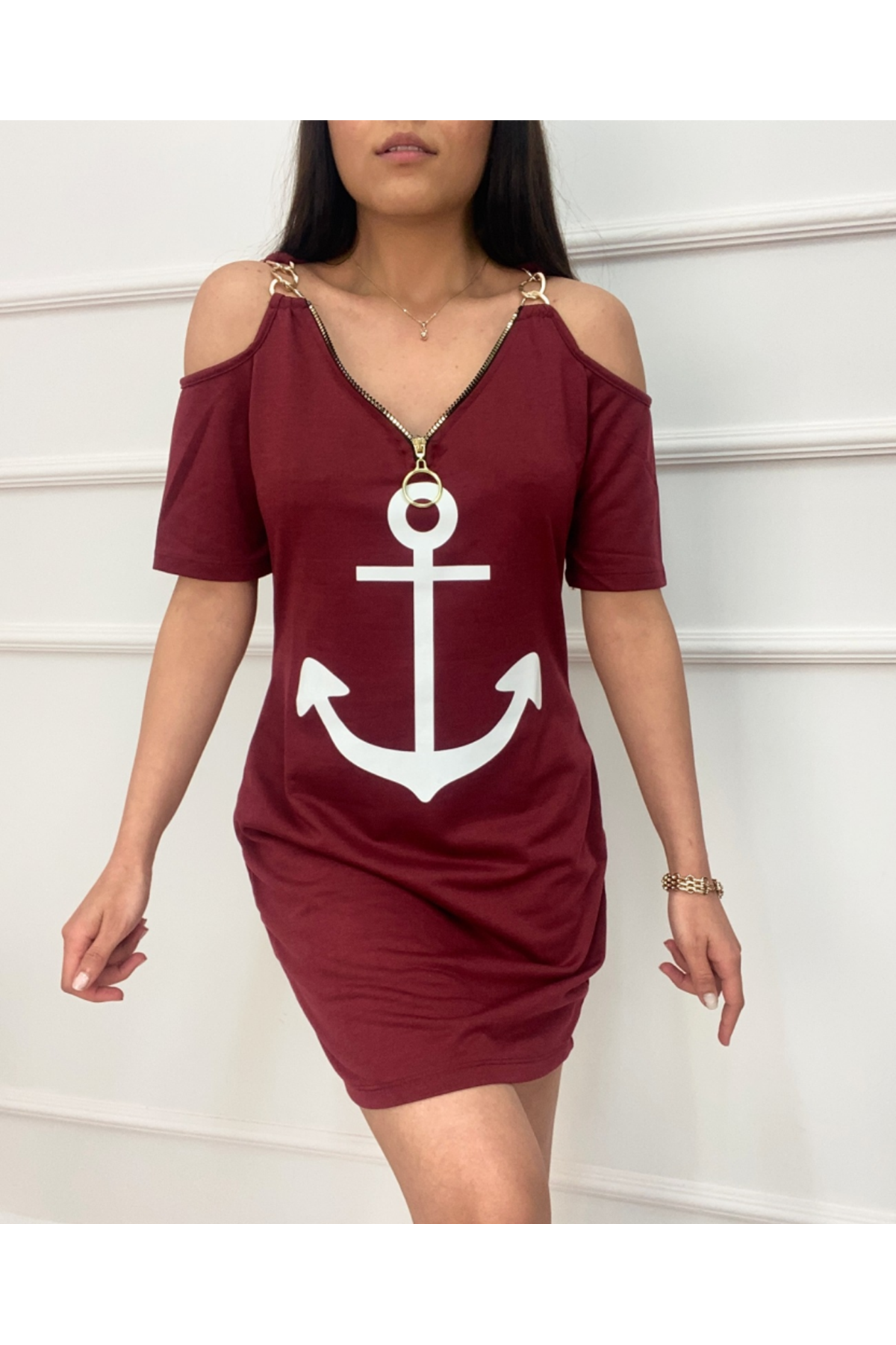 Fermuar Detay çıpa Baskılı Zincir Askılı Iki Iplik Elbise - Bordo