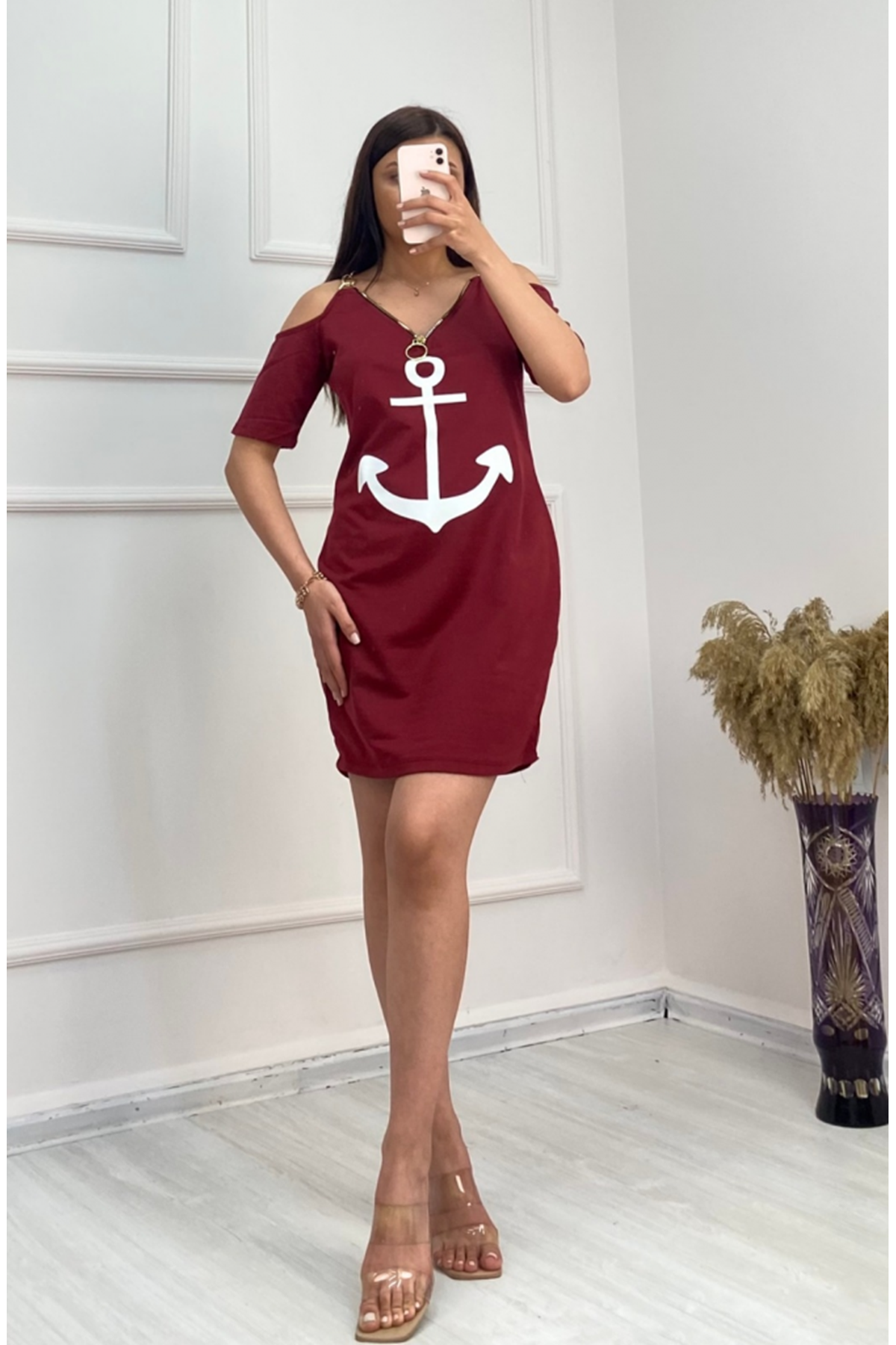 Fermuar Detay çıpa Baskılı Zincir Askılı Iki Iplik Elbise - Bordo
