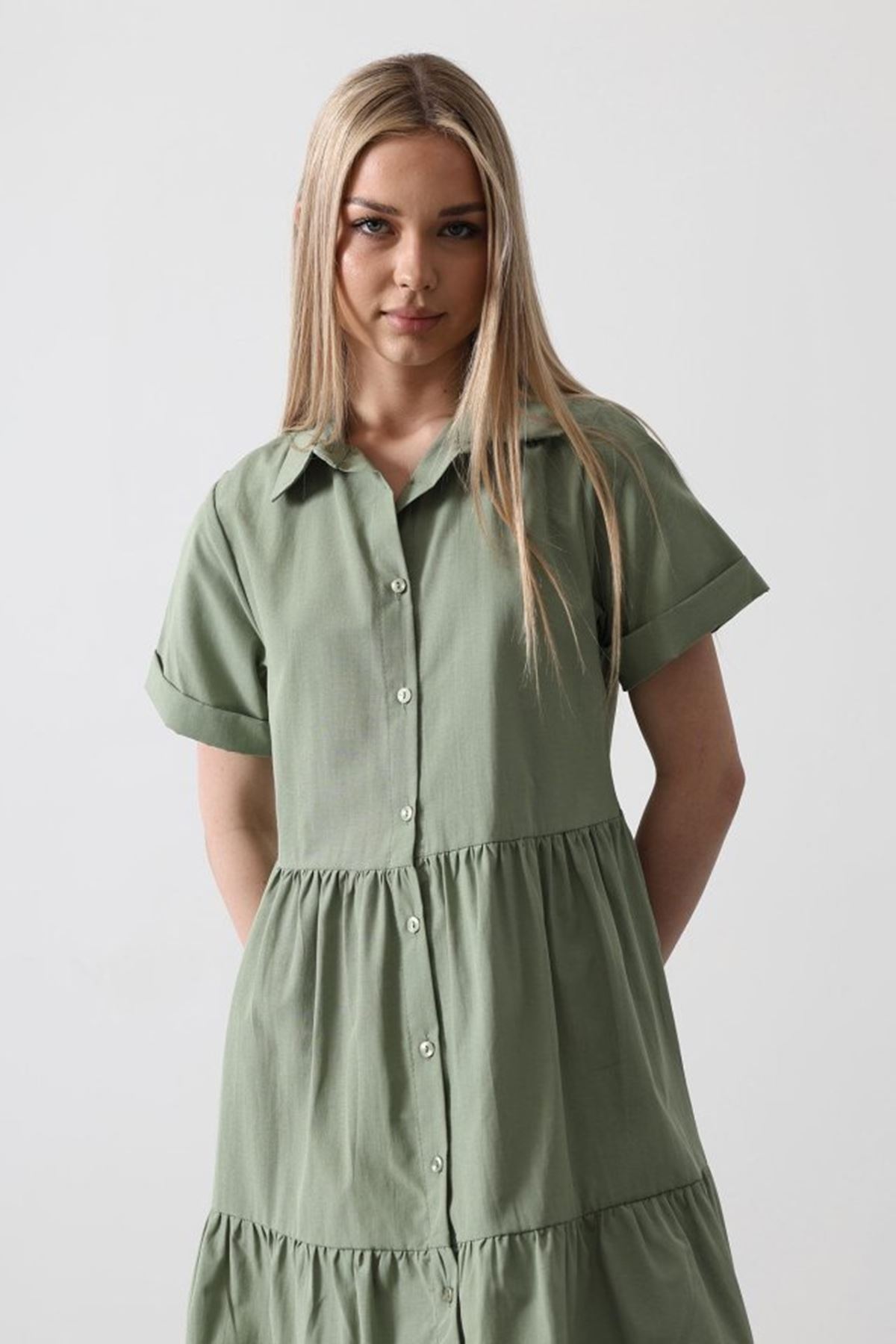 Kısa Kol Düğmeli Elbise - Haki