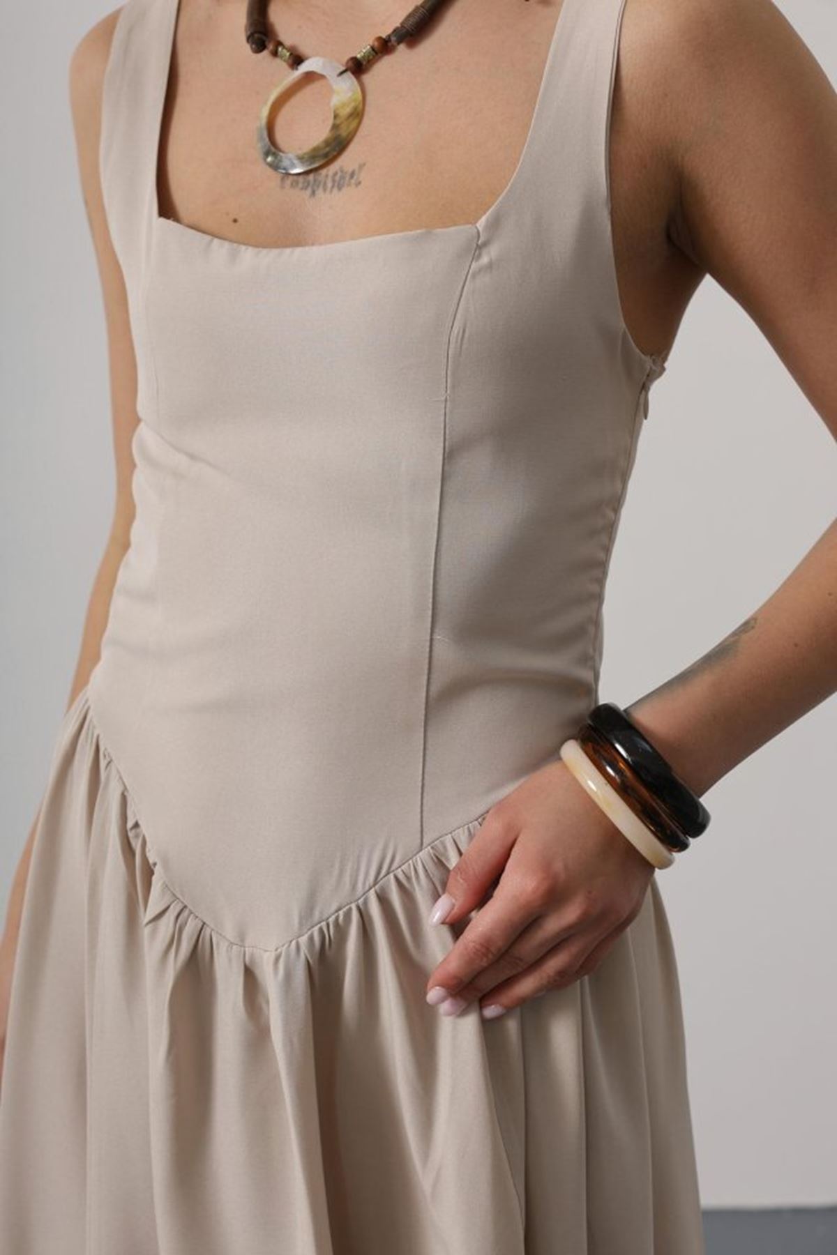 Askılı Uzun Elbise - Taş