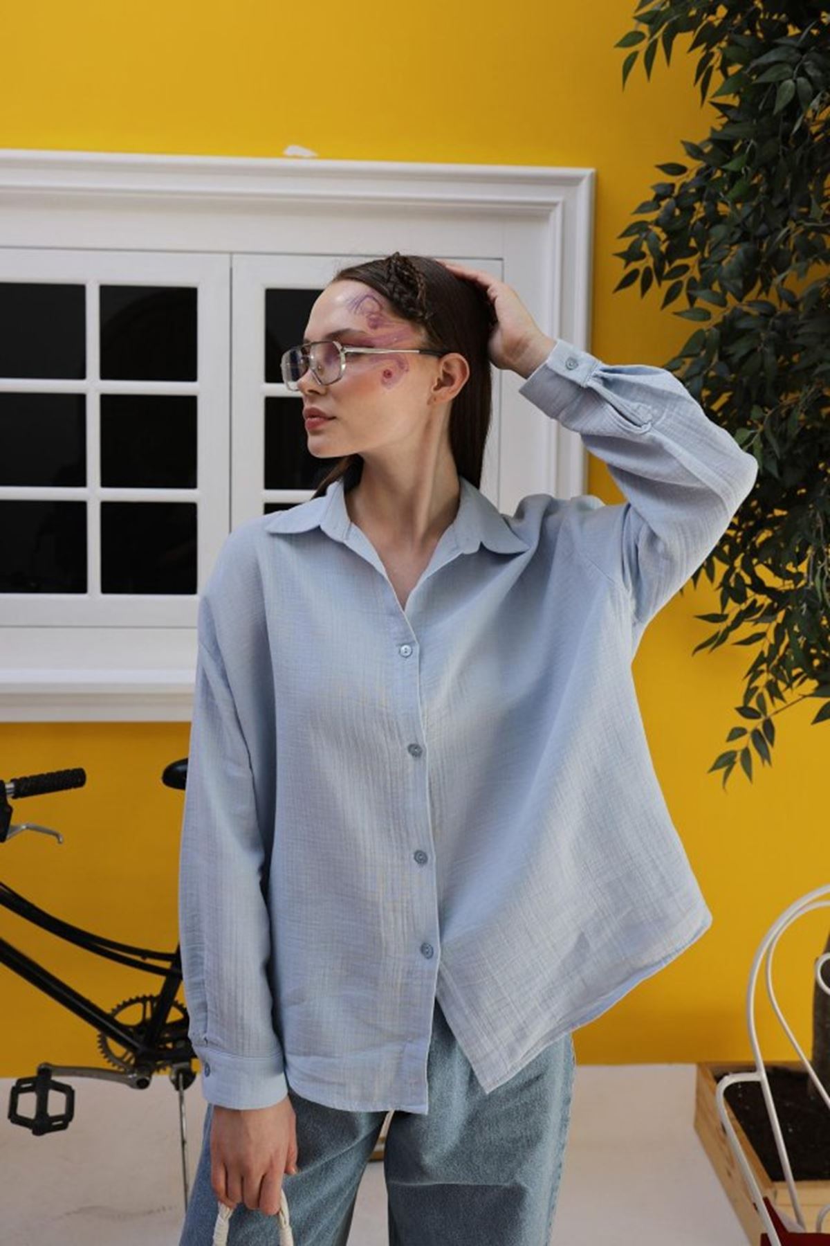 Müslin Uzun Kol Gömlek - Bebe Mavisi