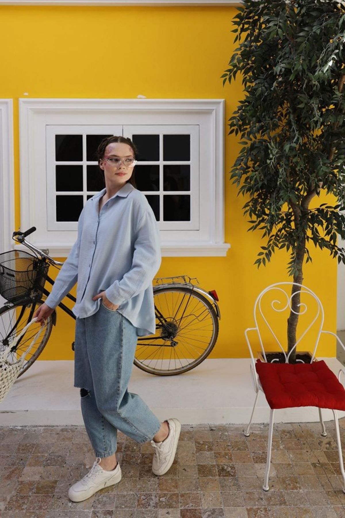 Müslin Uzun Kol Gömlek - Bebe Mavisi