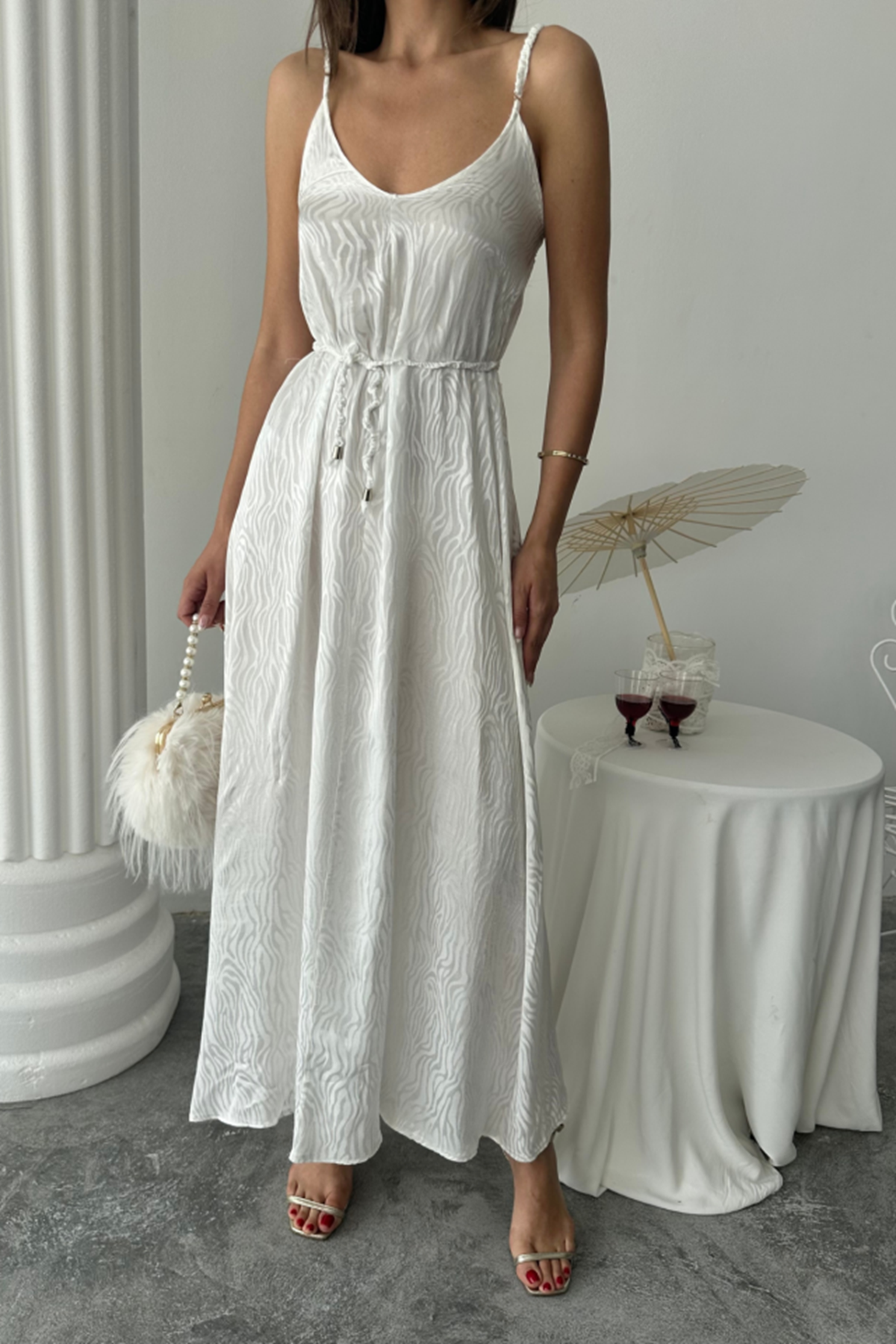 JAKAR SATEN DEGAJE ASKILI ELBİSE İP KEMERLİ - Beyaz