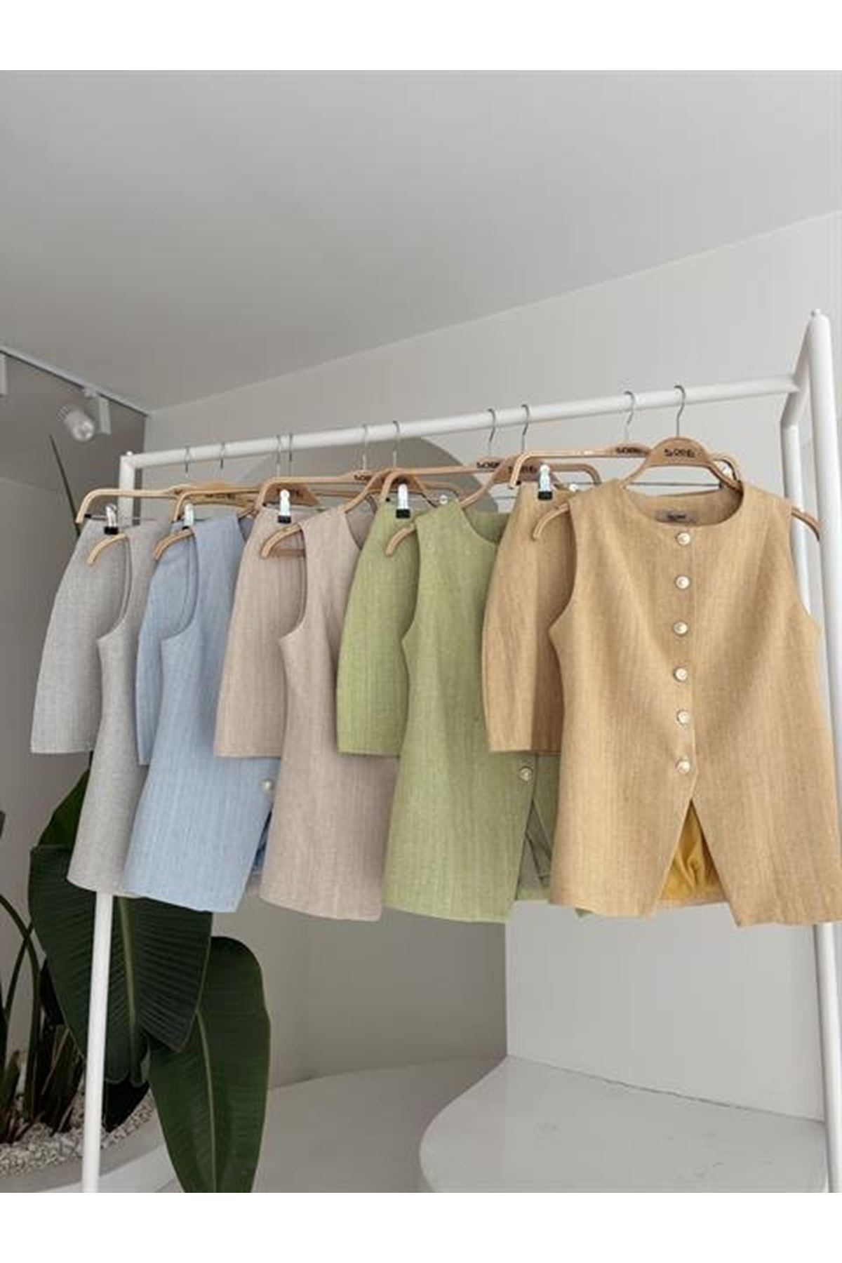 Uzun Yelek Mini Etek Flamlı Keten Takım 10148