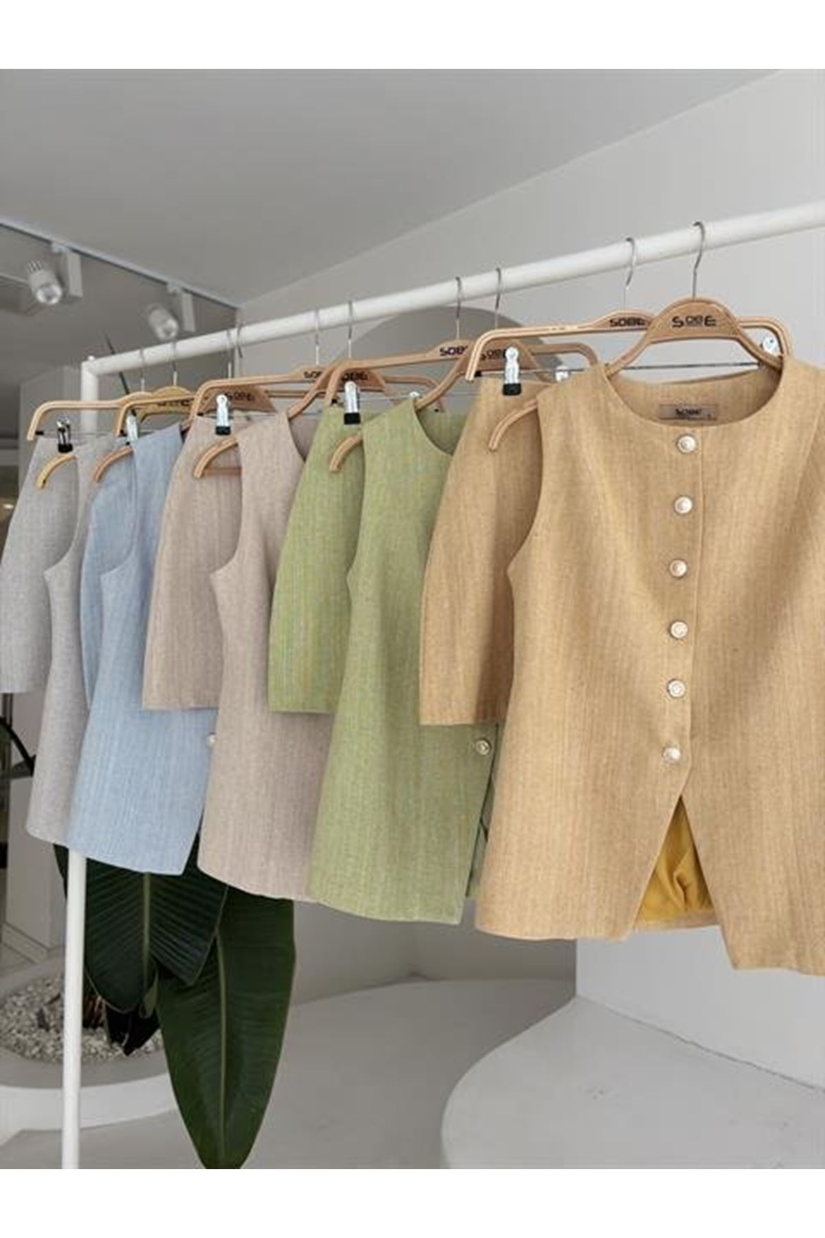 Uzun Yelek Mini Etek Flamlı Keten Takım 10148