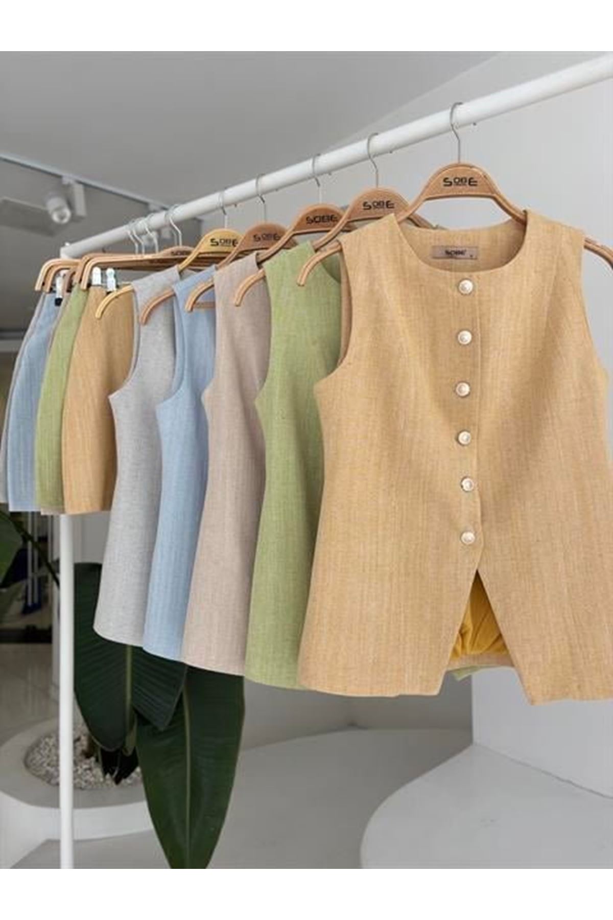 Uzun Yelek Mini Etek Flamlı Keten Takım 10148