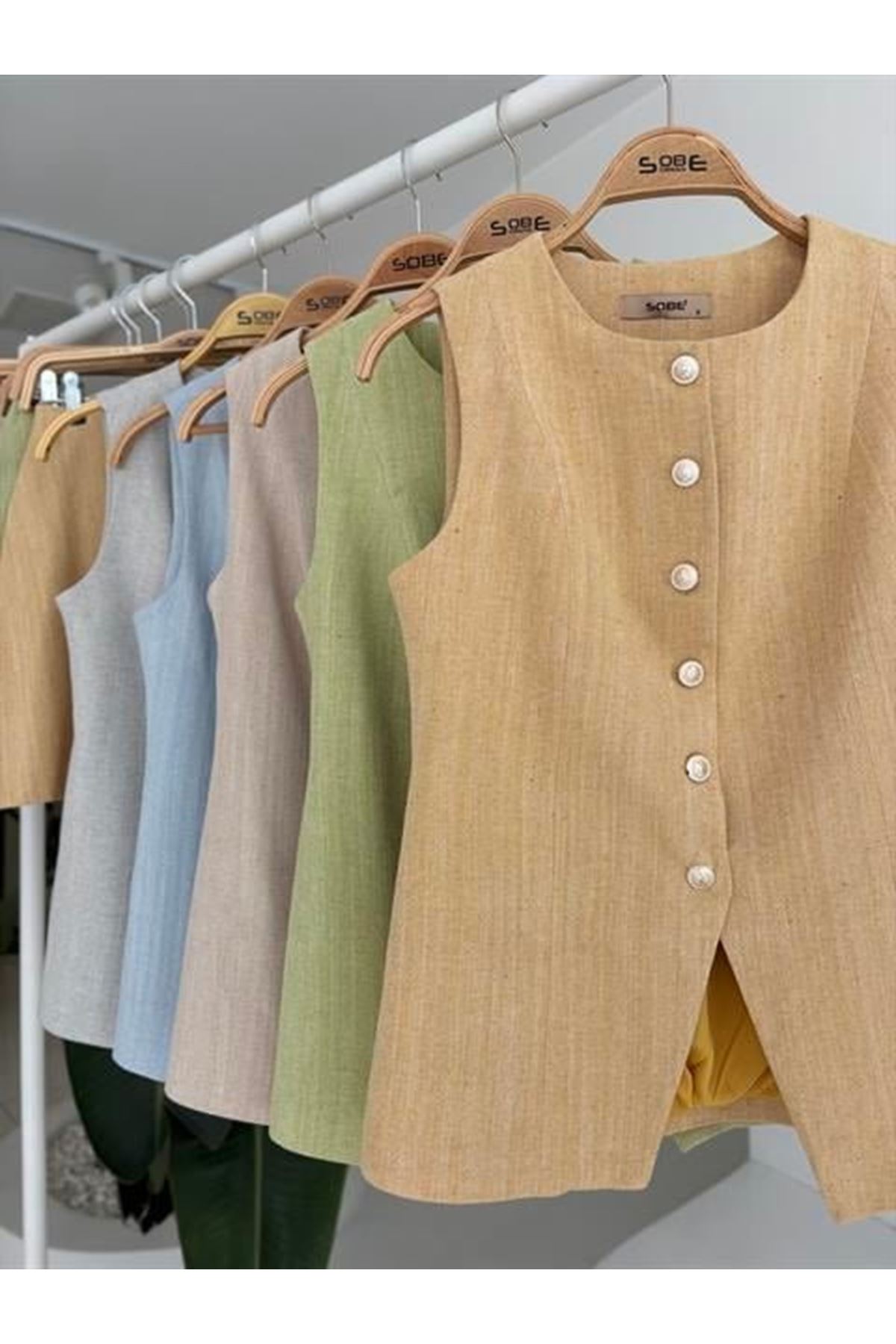 Uzun Yelek Mini Etek Flamlı Keten Takım 10148