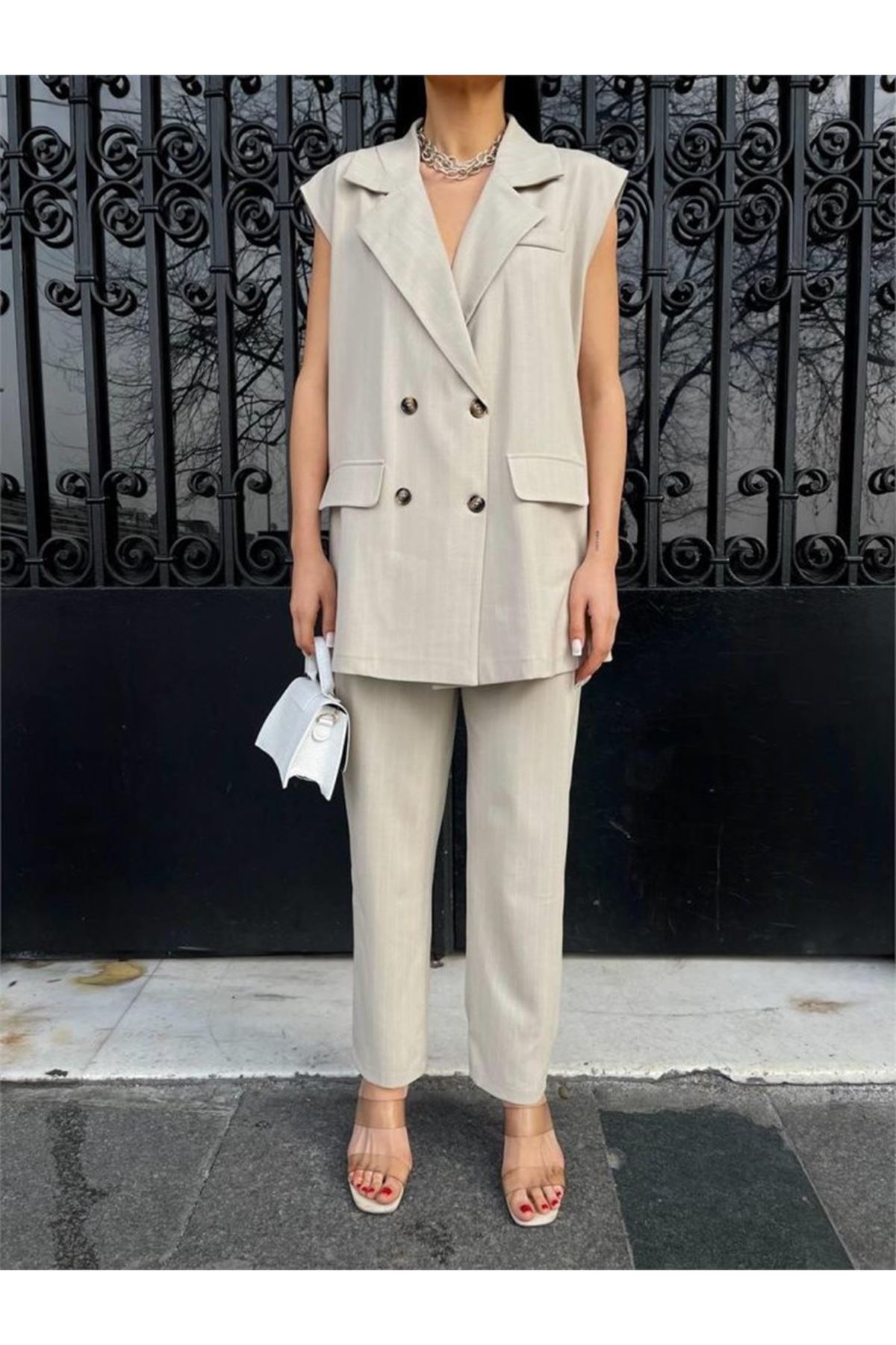 ÇİZGİLİ UZUN YELEK - PANTOLON TAKIM POLVİSCON - Bej