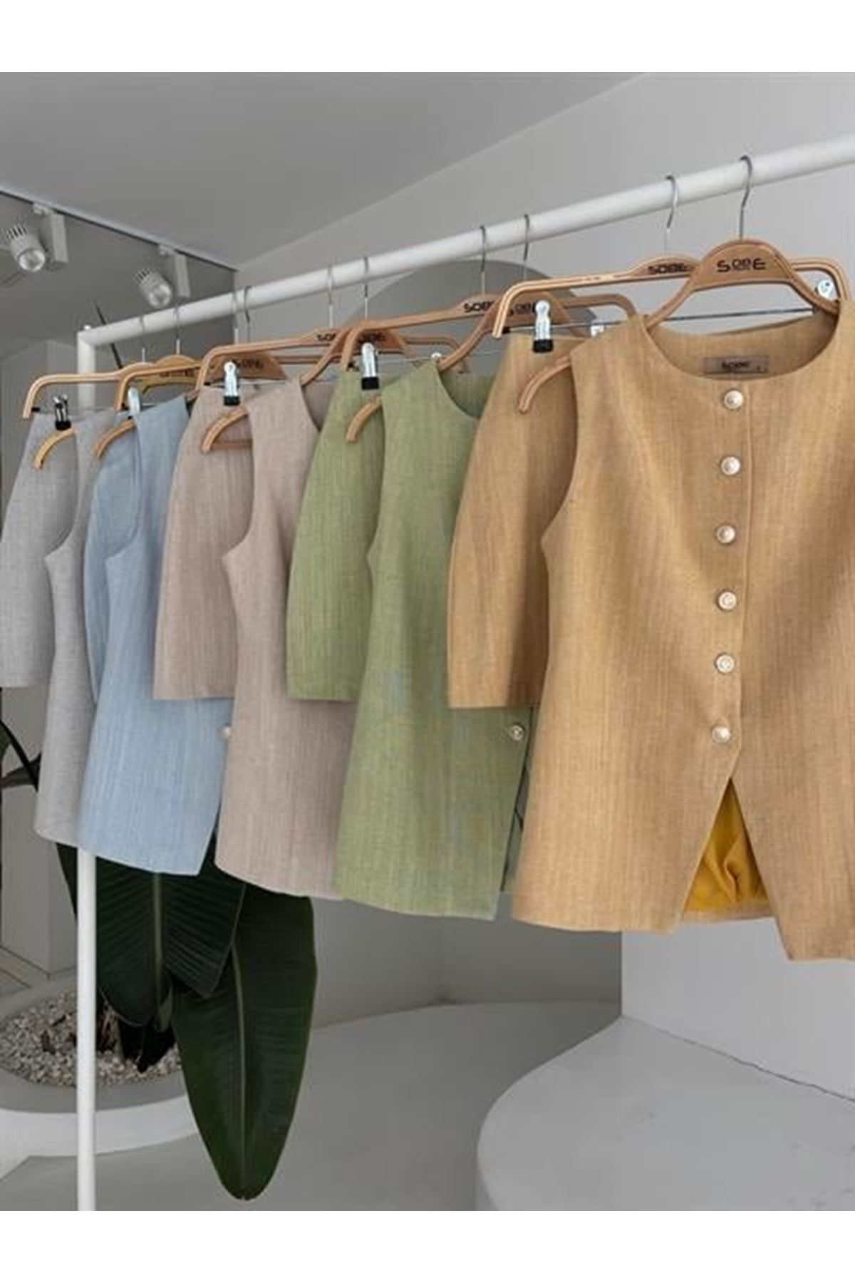 Uzun Yelek Mini Etek Flamlı Keten Takım 10148