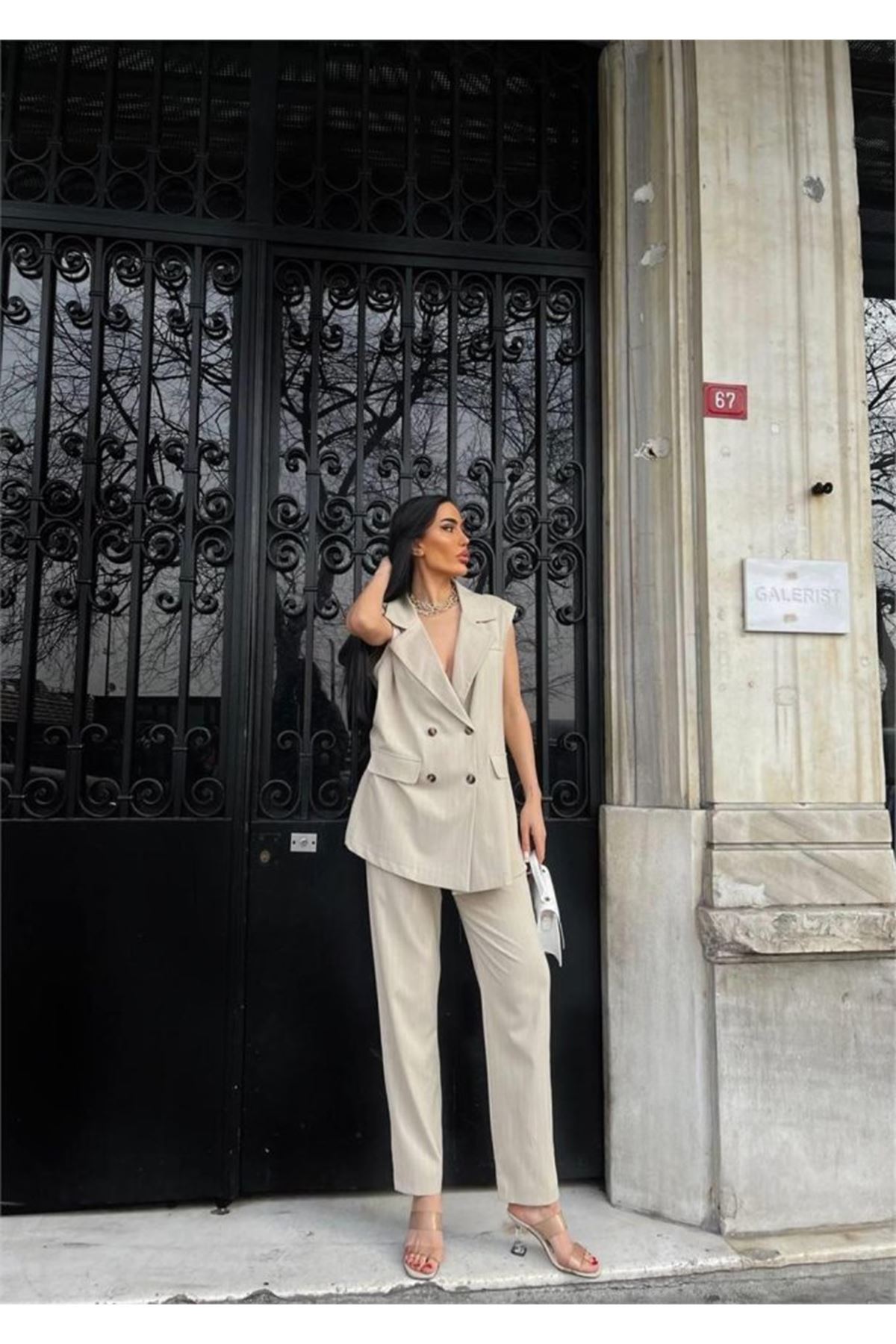 ÇİZGİLİ UZUN YELEK - PANTOLON TAKIM POLVİSCON - Bej