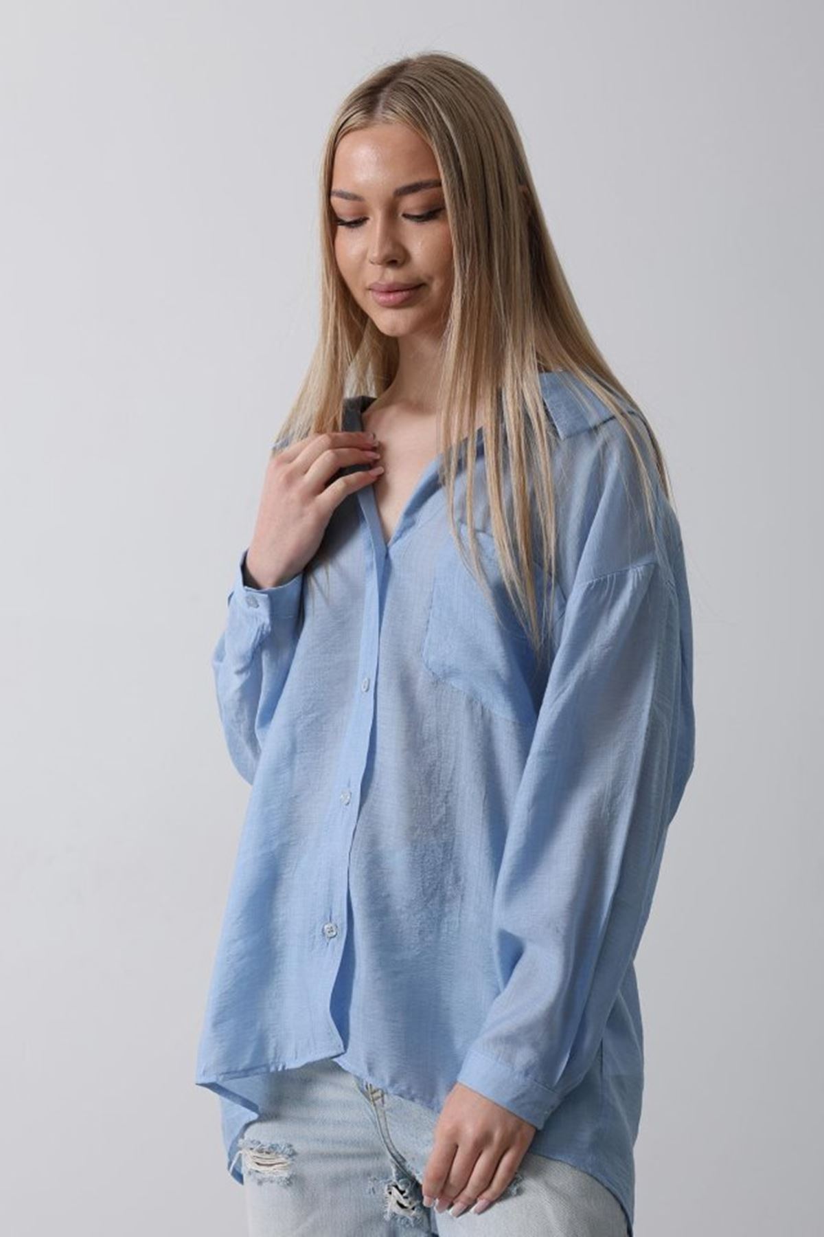 Cepli Oversize Gömlek - Koyu Mavi