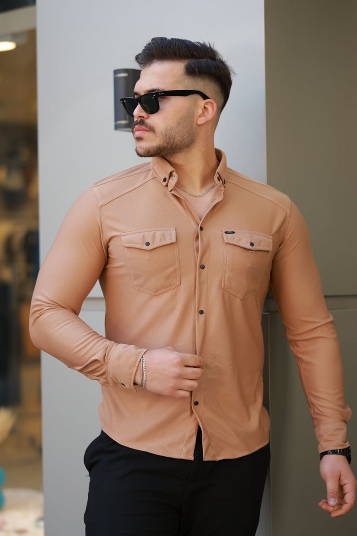 Erkek çift Cepli çıtçıt Düğmeli Uzun Kollu Gömlek