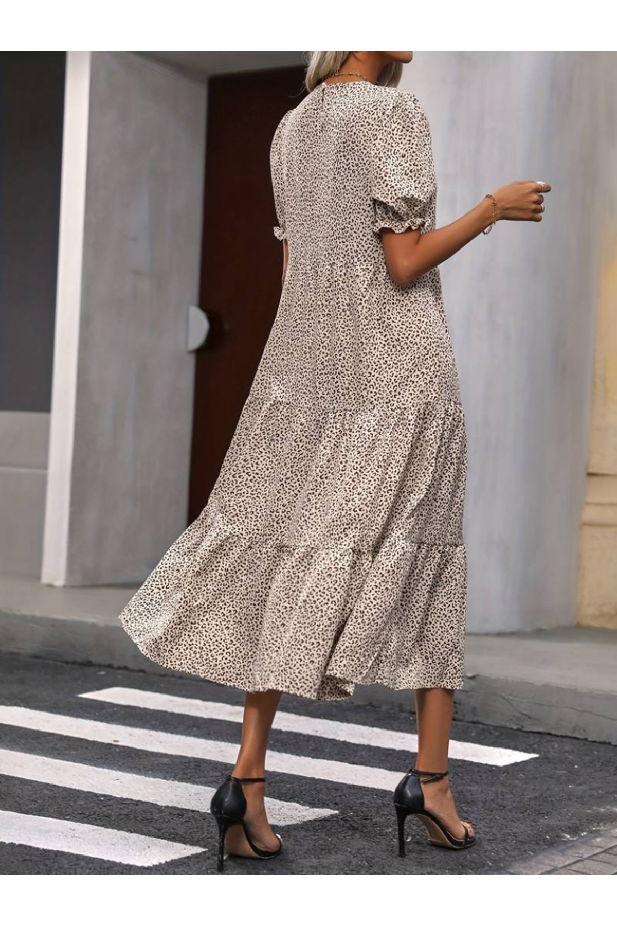 Kadın Mini Leopar Desen Midi üç Kat Elbise
