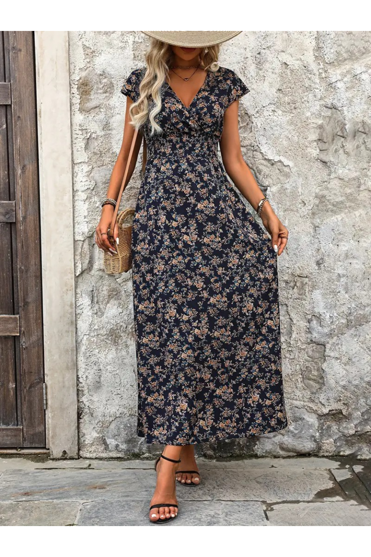 Kadın Kısa Kollu Kruvaze Yakalı çiçek Desenli Belden Lastikli Süprem Uzun Elbise