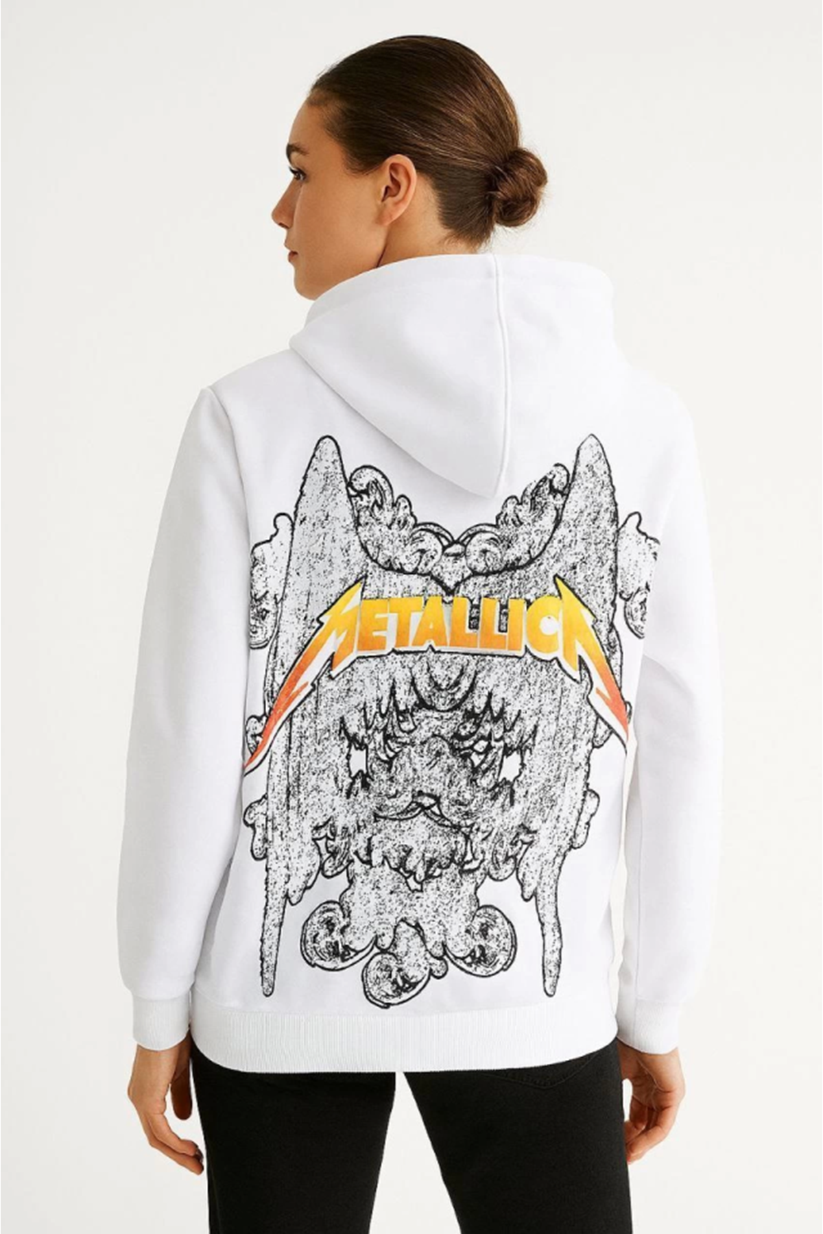Metallica İki İplik Kapüşonlu Ön Ve Arka Baskılı Hoodie - Beyaz