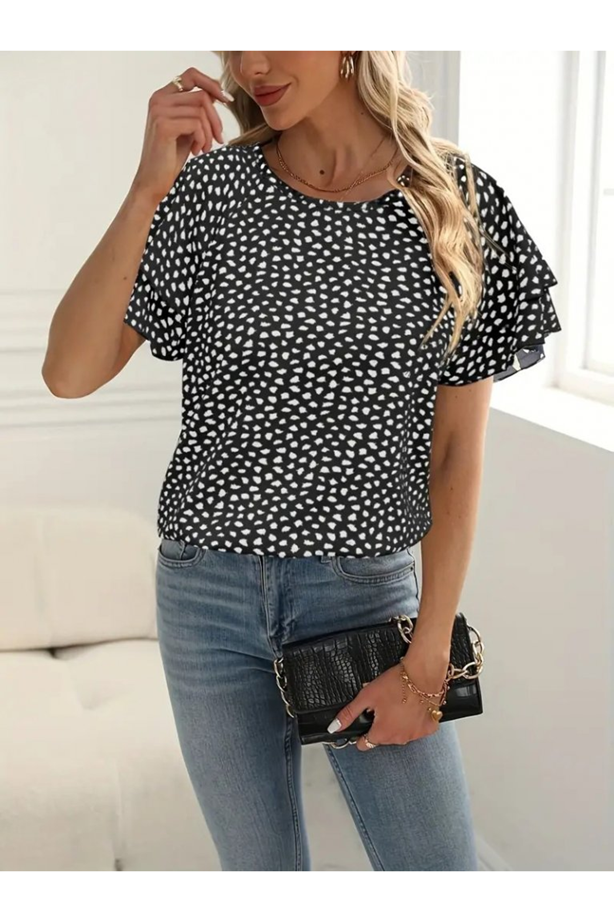 Kadın Kısa Kollu Kolları Volanlı Baskılı Süprem Bluz