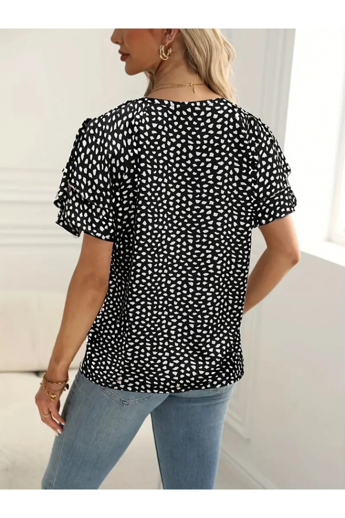 Kadın Kısa Kollu Kolları Volanlı Baskılı Süprem Bluz