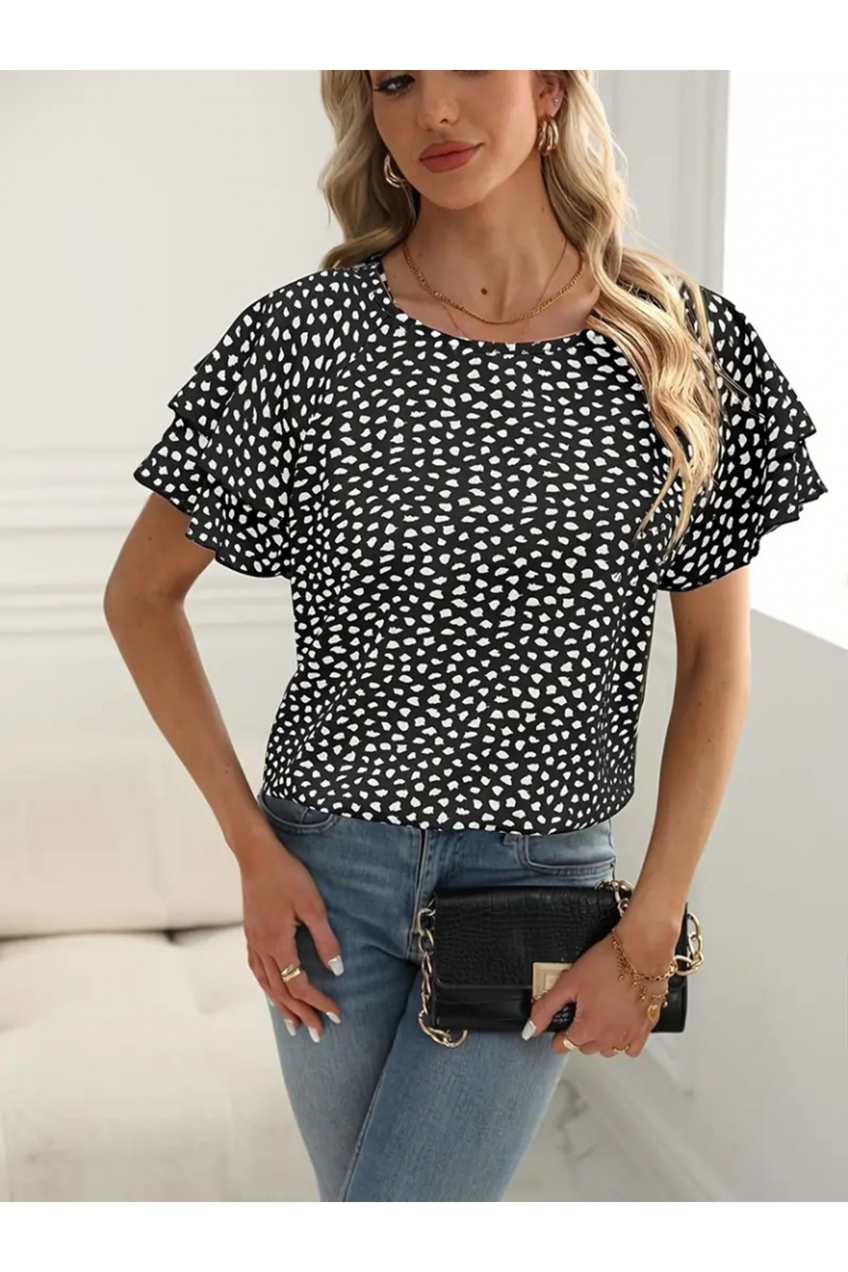 Kadın Kısa Kollu Kolları Volanlı Baskılı Süprem Bluz