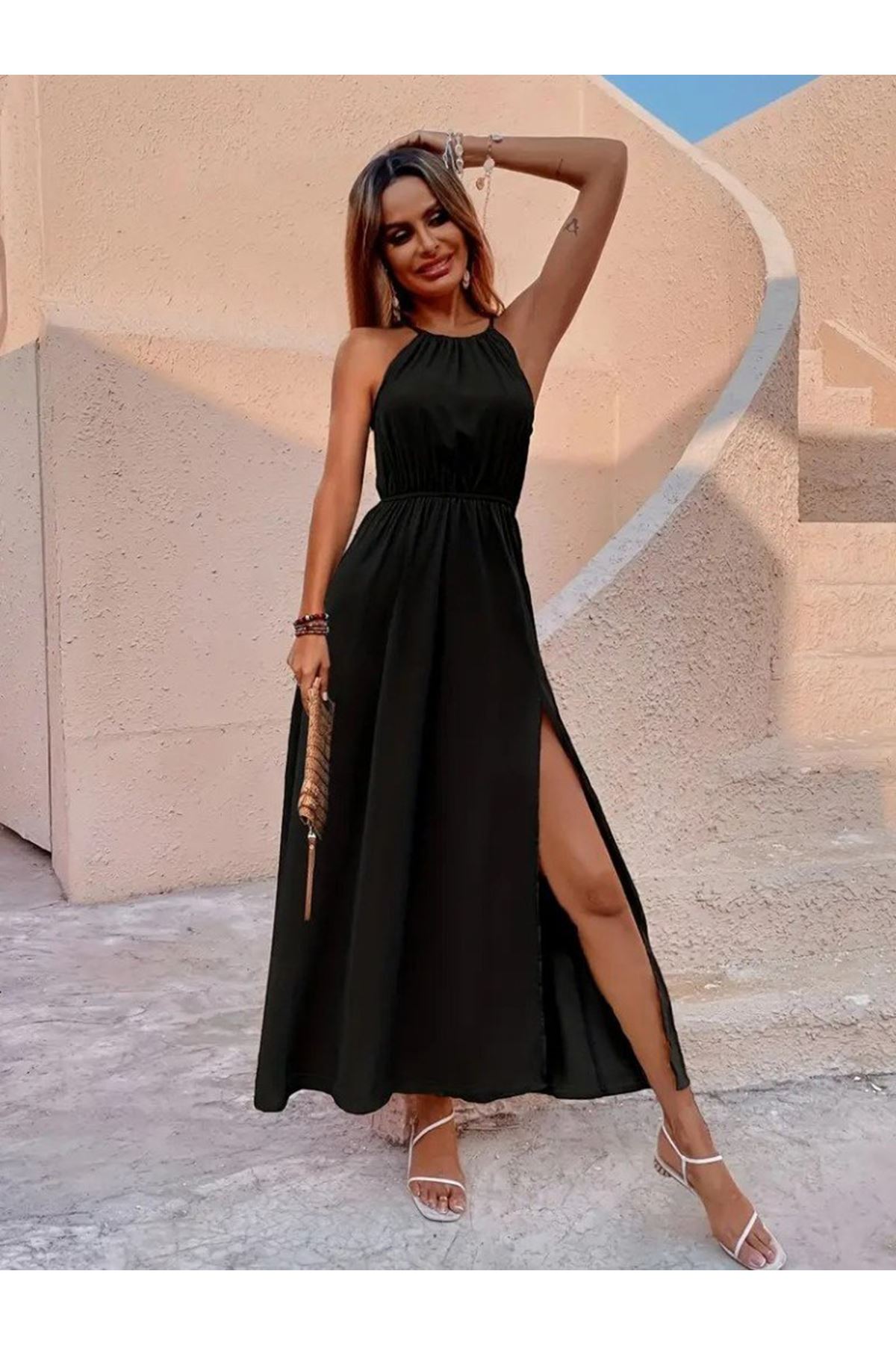 Kadın Boyundan Askılı Belden Lastikli Yandan Yırtmaç Detaylı Viskon Elbise