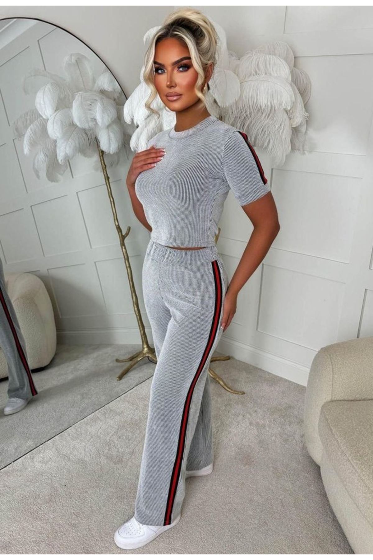 Kadın Ottoman Kumaş şerit Detaylı Ikili Takım