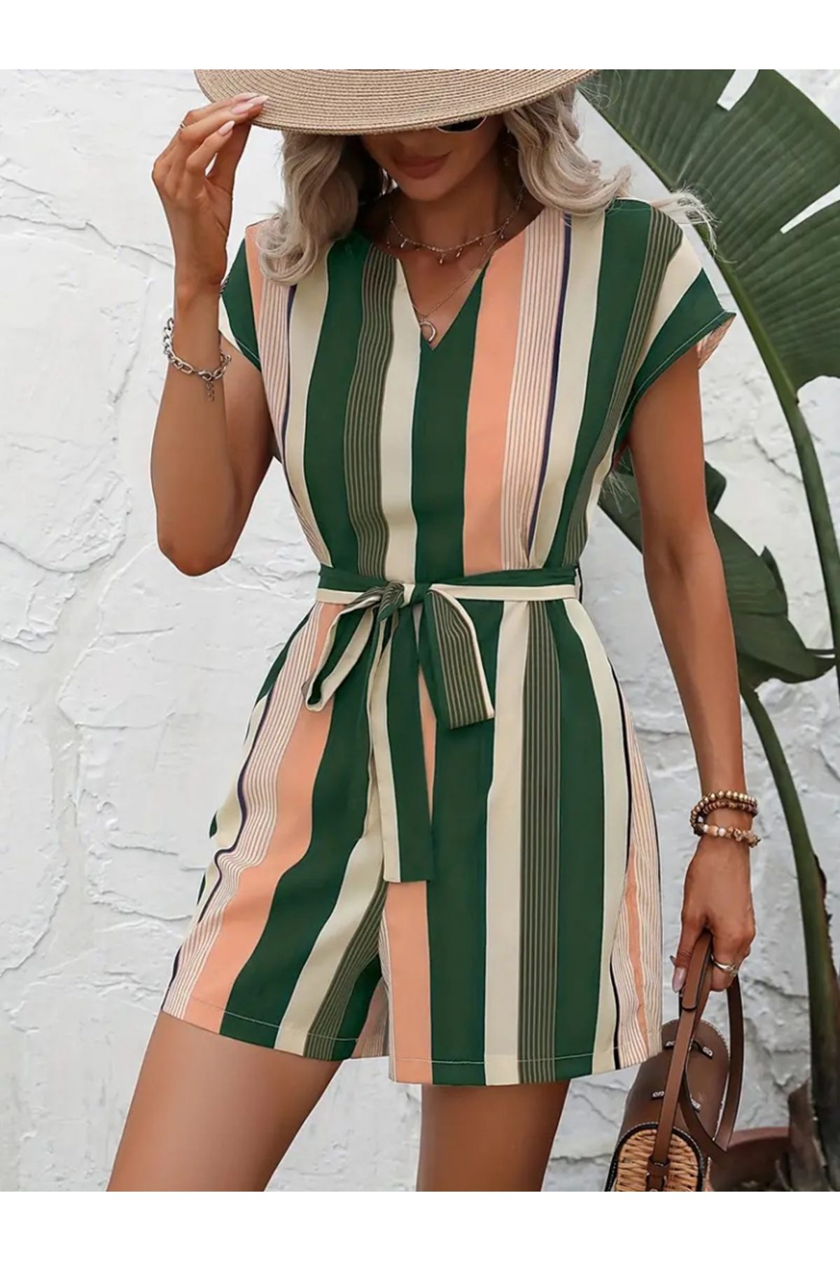 Kadın Kısa Kollu V Yakalı Beli Kuşaklı Keten Tulum