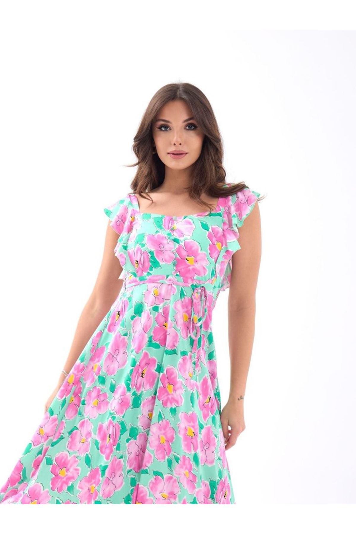 5370 ELBİSE-PEMBE GÜL DESEN