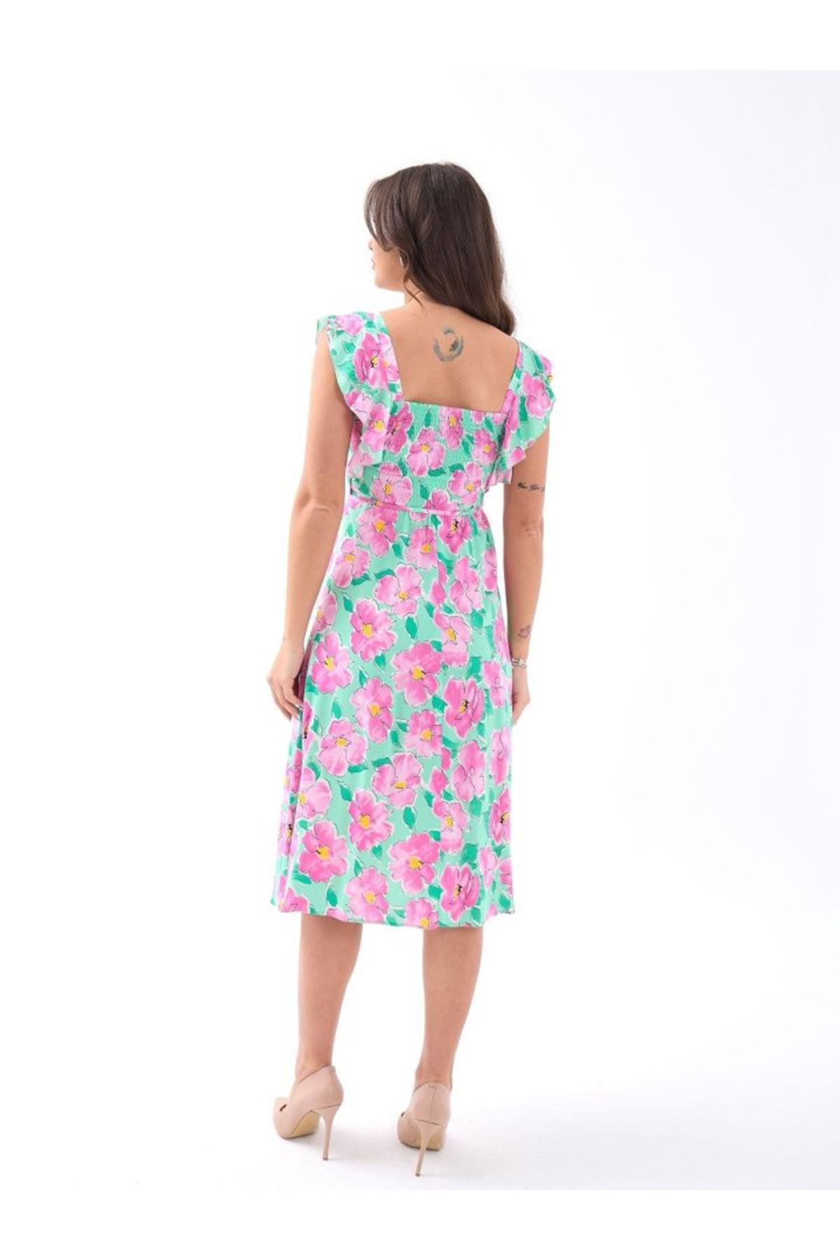 5370 ELBİSE-PEMBE GÜL DESEN