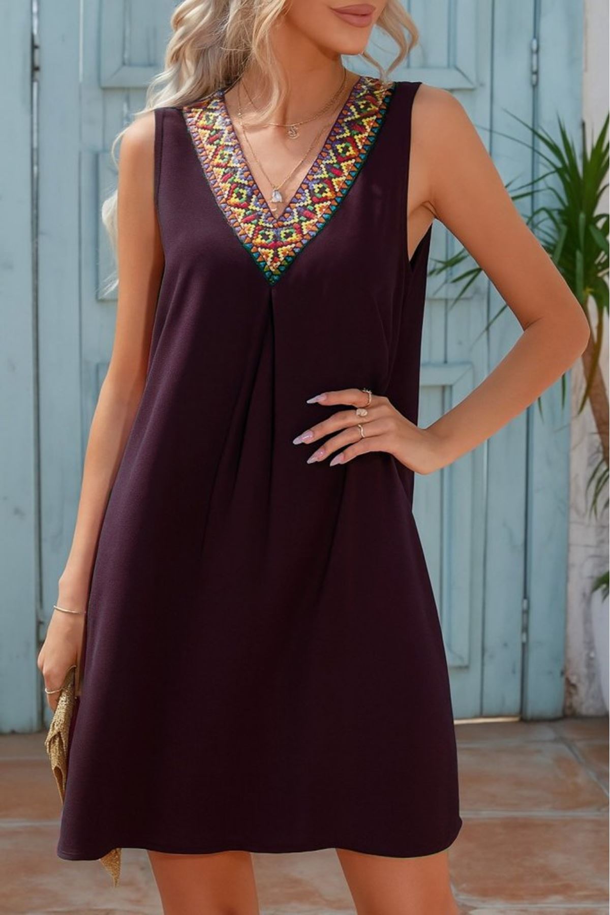 Kadın Sıfır Kol şerit Detaylı V Yaka Viskon Elbise