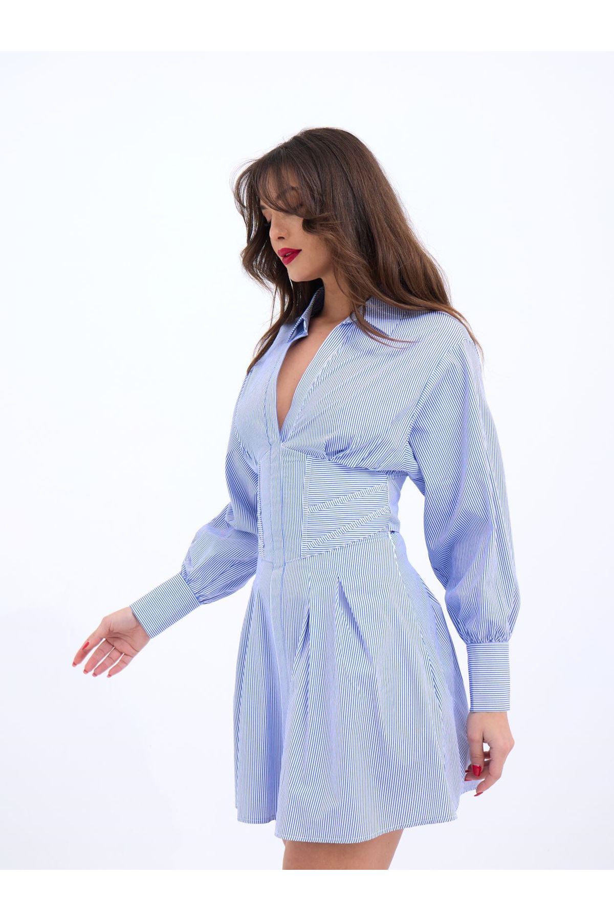 6558 ELBİSE-MAVİ BEYAZ ÇİZGİLİ