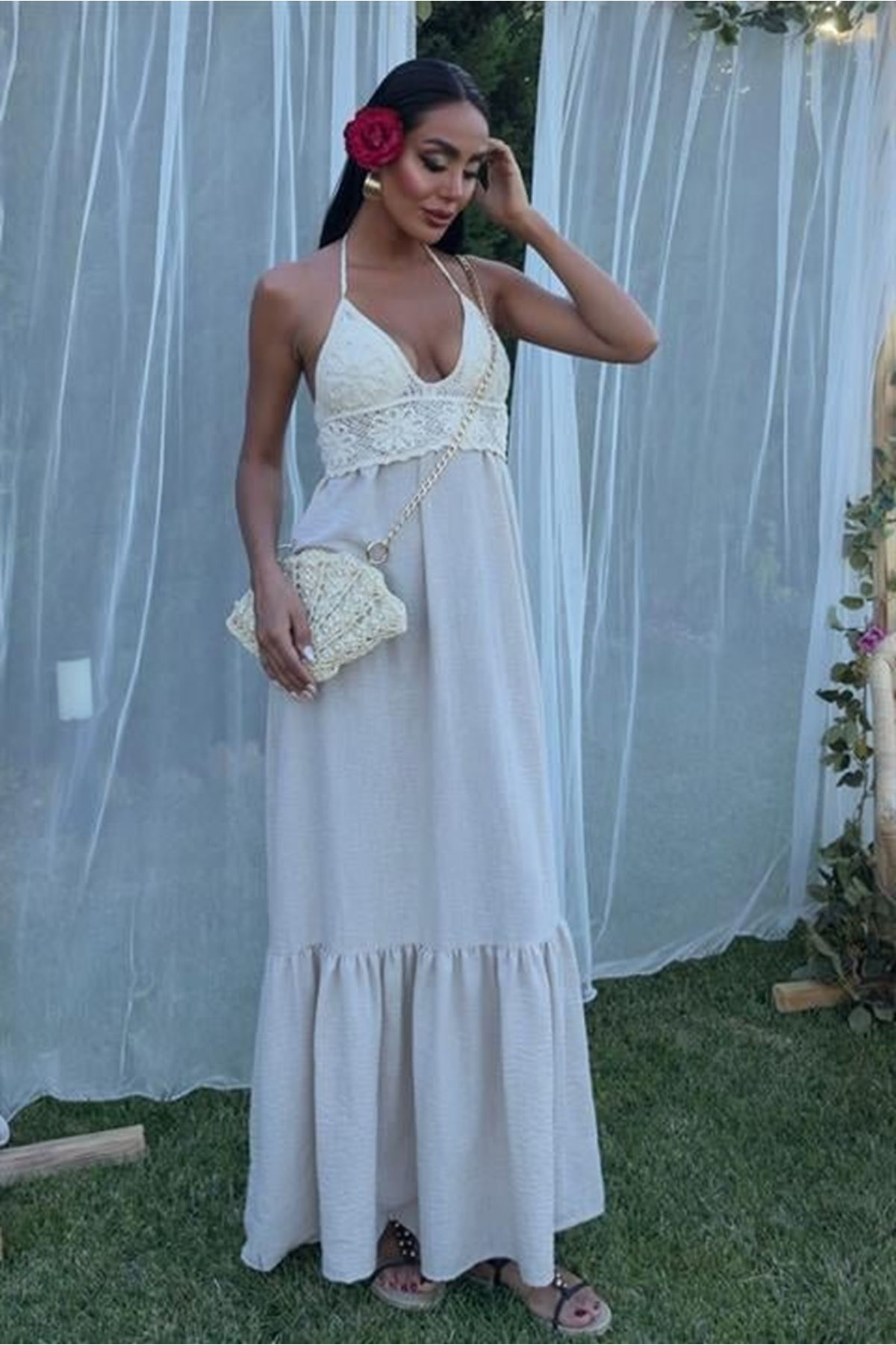 Göğsü Trikolu Keten Uzun Elbise 2904-08