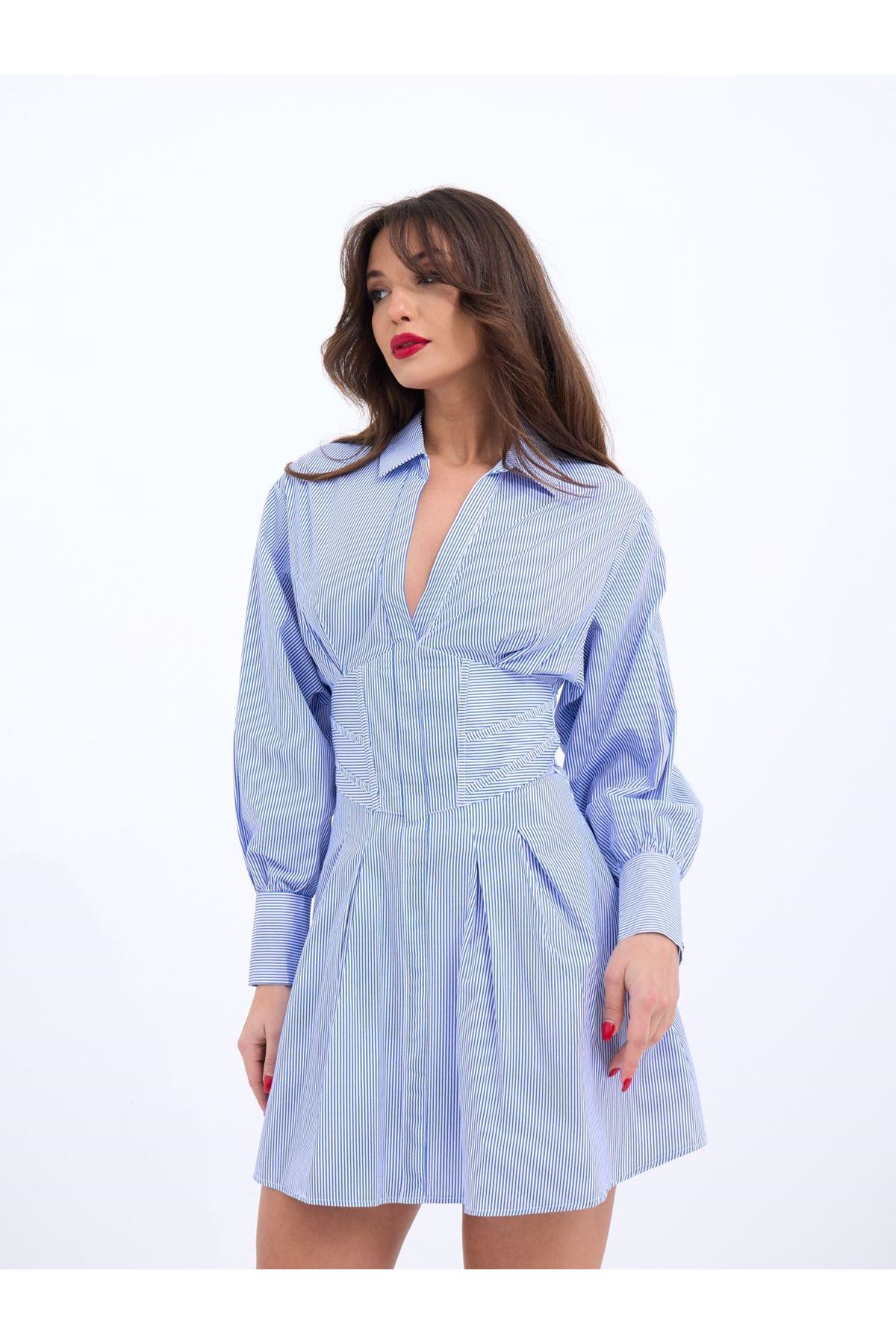 6558 ELBİSE-MAVİ BEYAZ ÇİZGİLİ