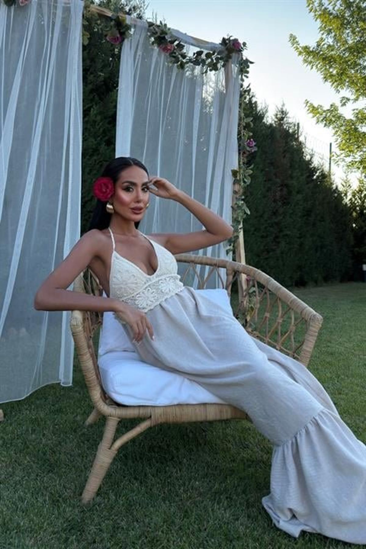 Göğsü Trikolu Keten Uzun Elbise 2904-08