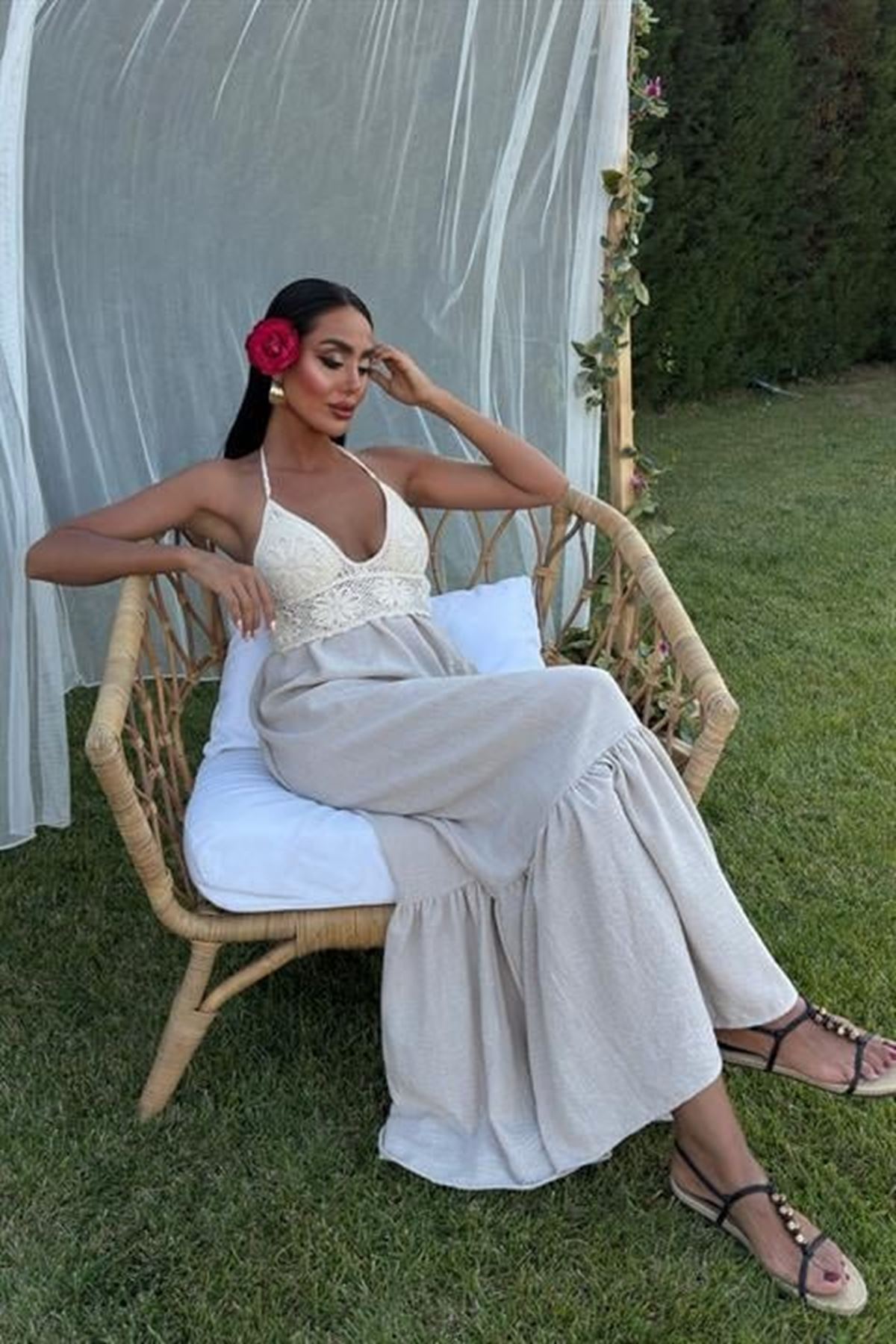 Göğsü Trikolu Keten Uzun Elbise 2904-08