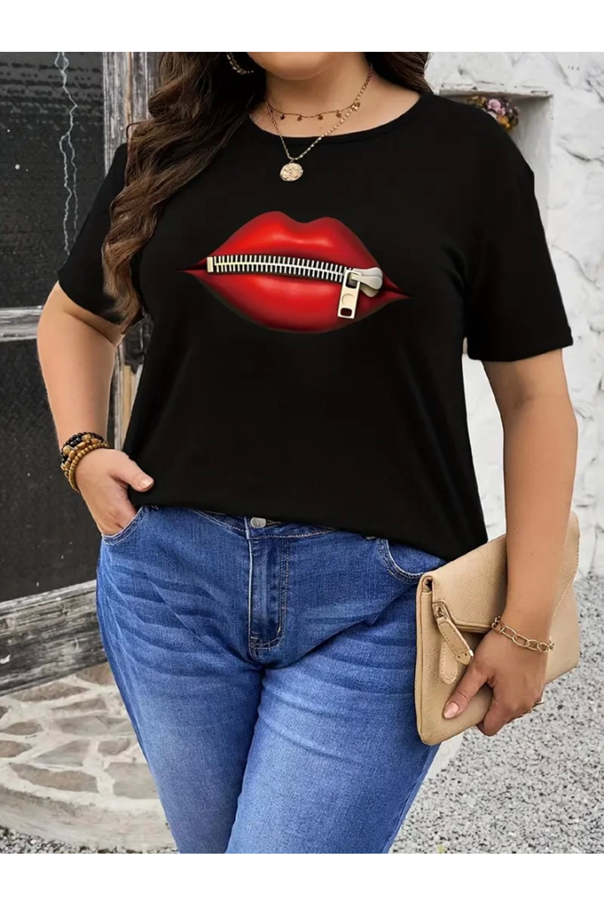 Baskılı Oversize Bisiklet Yaka T-shirt - Siyah