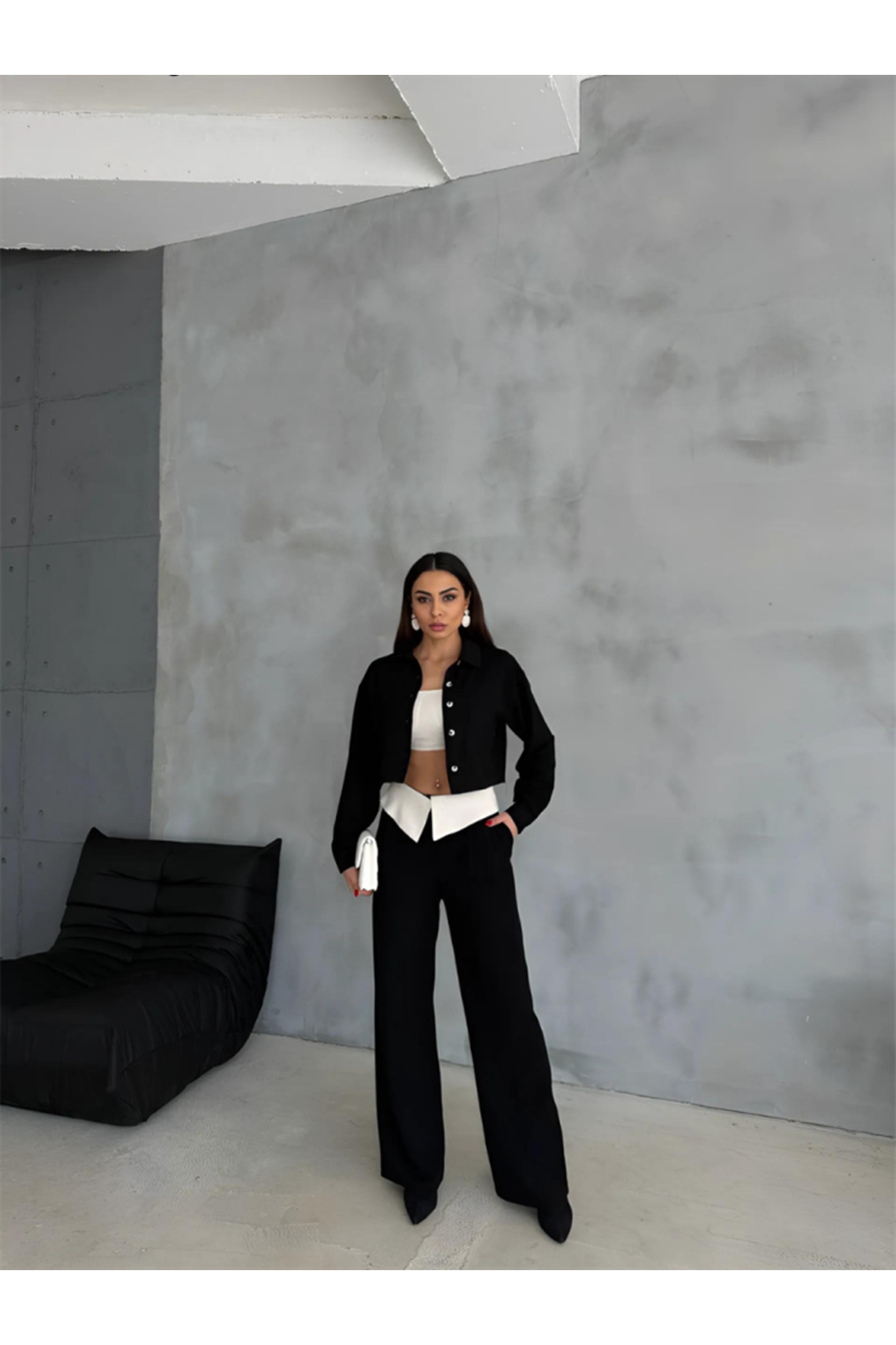 KETEN GÖMLEK-CROP-SALAŞ PANTOLON TAKIM - Siyah