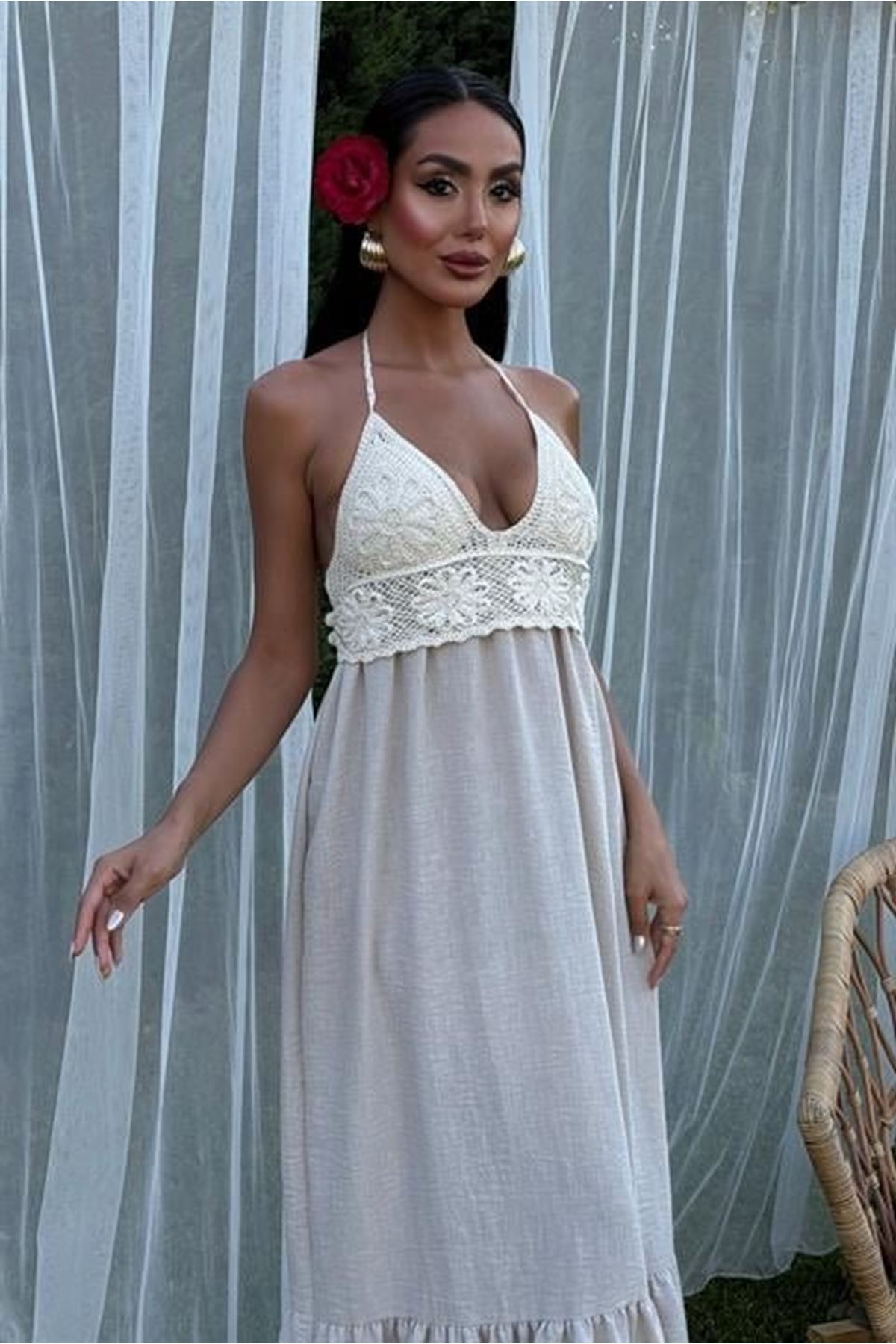 Göğsü Trikolu Keten Uzun Elbise 2904-08