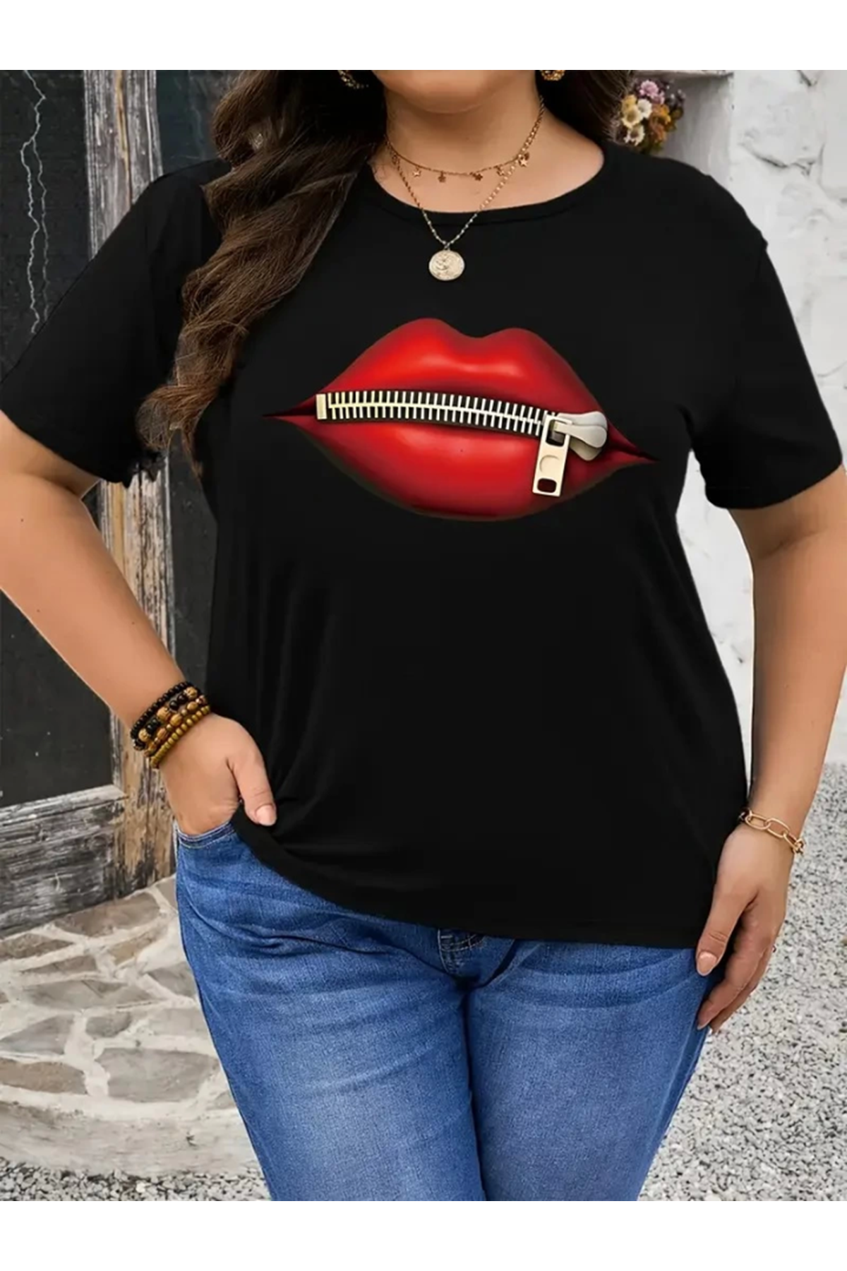 Baskılı Oversize Bisiklet Yaka T-shirt - Siyah