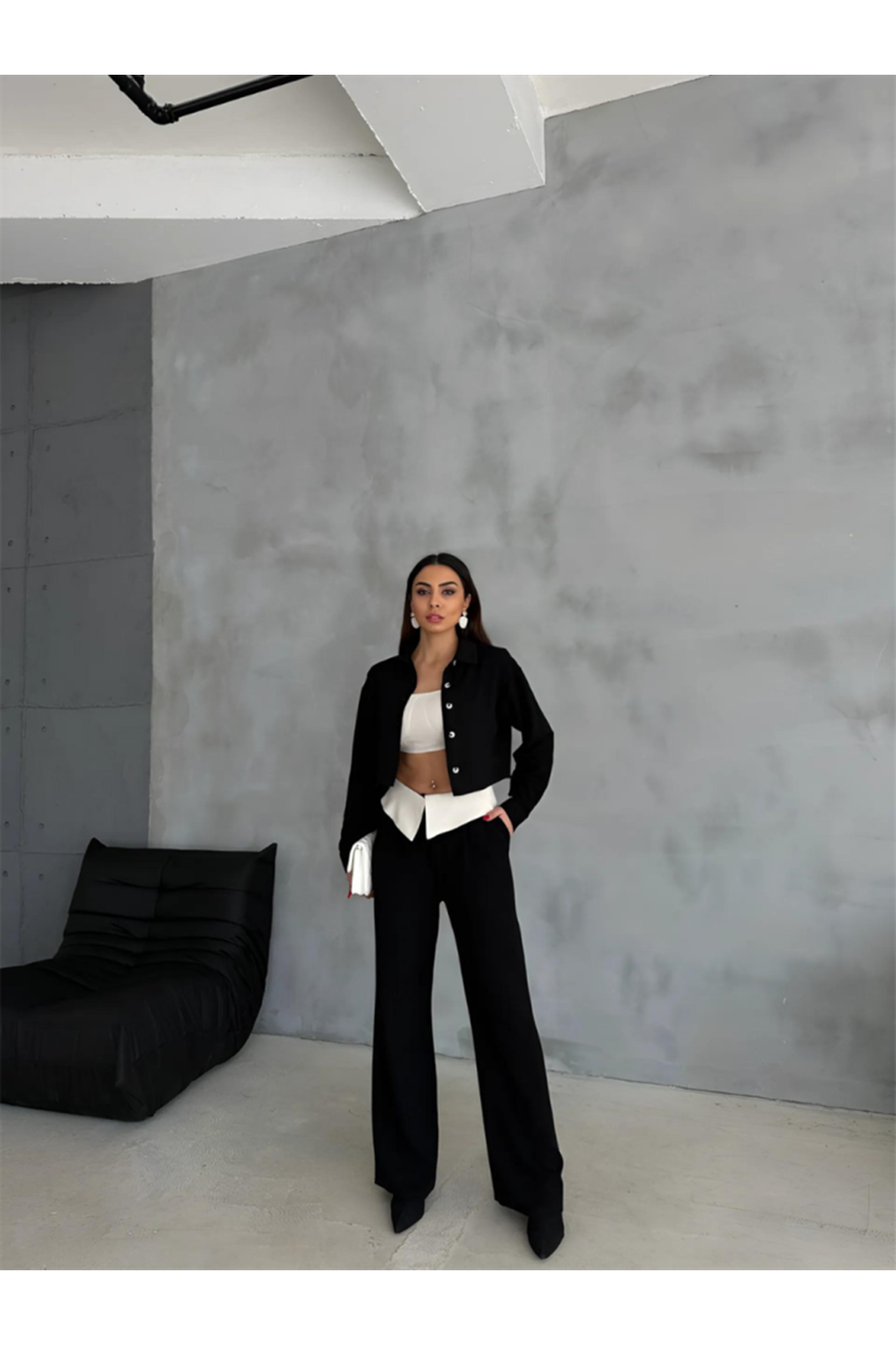 KETEN GÖMLEK-CROP-SALAŞ PANTOLON TAKIM - Siyah