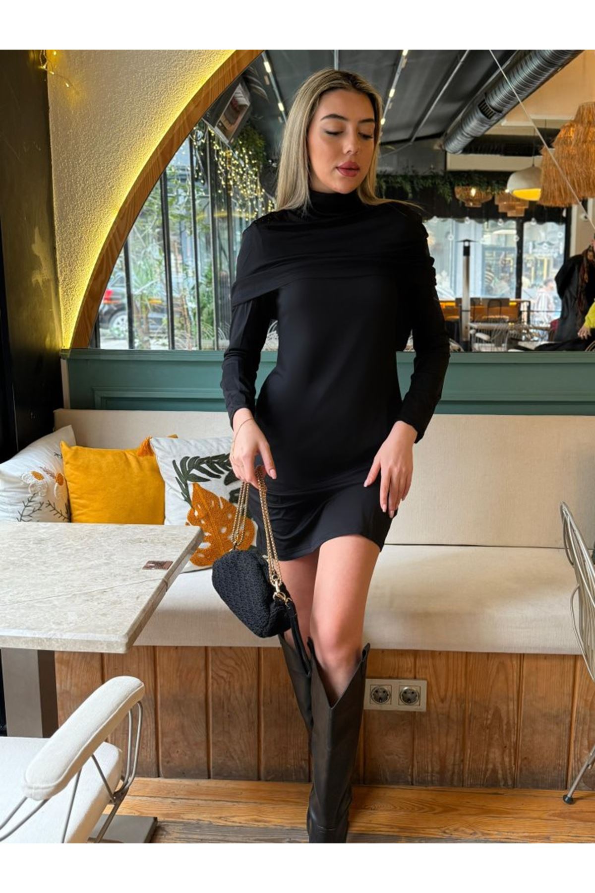 Kadın Uzun Kollu Balıkçı Yaka Omuz Katlamalı Dalgıç Kısa Elbise