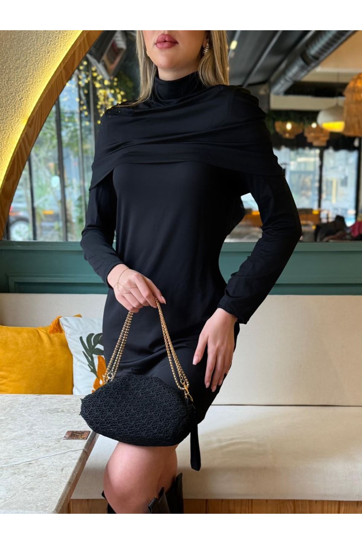 Kadın Uzun Kollu Balıkçı Yaka Omuz Katlamalı Dalgıç Kısa Elbise