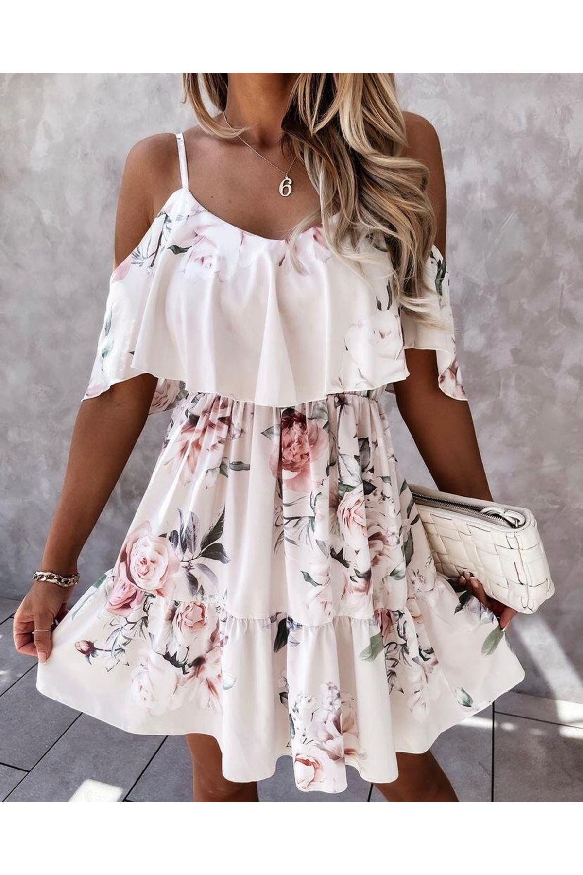 Kadın Gül Desenli Mikro Kumaş Mini Elbise