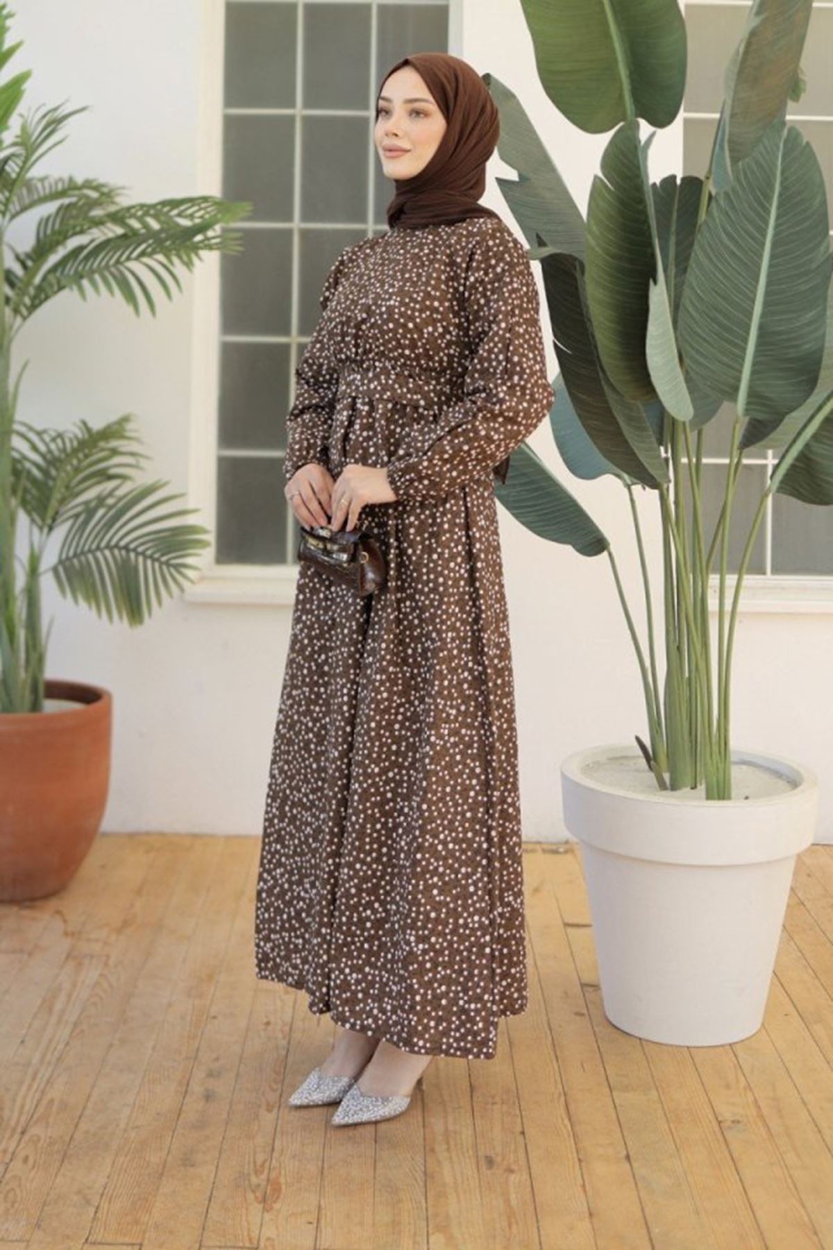 Kadın Papatya Desen Bisiklet Yaka Belden Bağlamalı Elbise